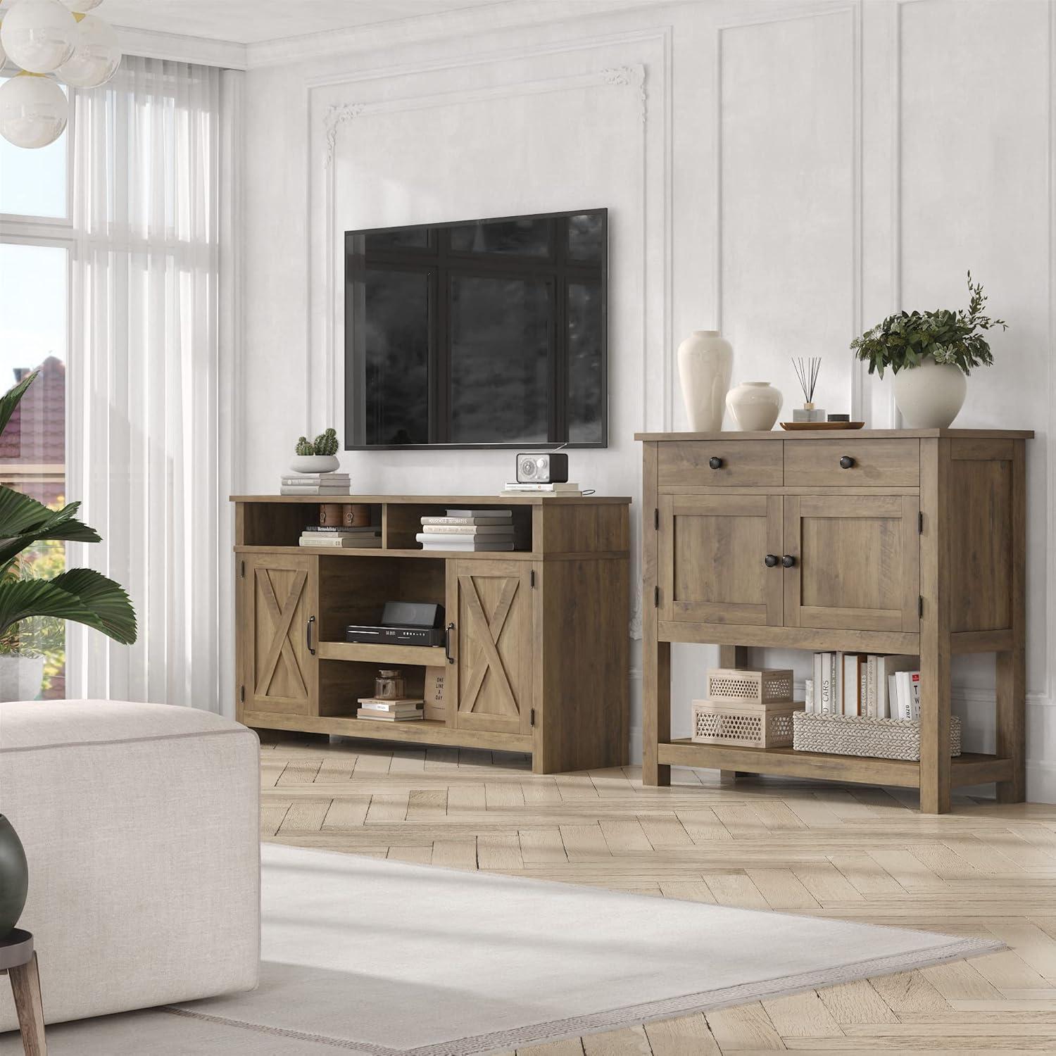 Homfa Farmhouse Console Table with 2 drawers & 2 door cabinet, Sofa Table Entryway Table with Storage Shelf for living room, Hallway, Brown