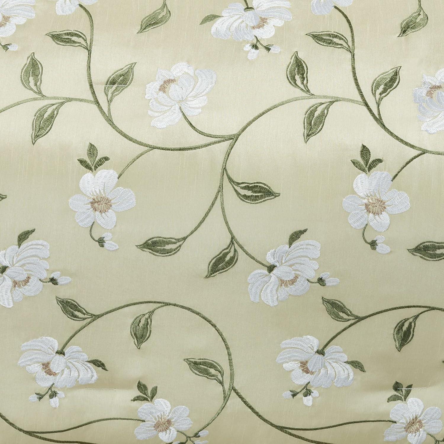 Luxurious Garden Walk Bedding | Sophisticated Polyester Faux Silk Quilted Magnolia Flower Embroidery | Vanilla Cream Sage | 4 Piece Set: Queen Oversized Comforter, 2 Standard Shams, Bedskirt