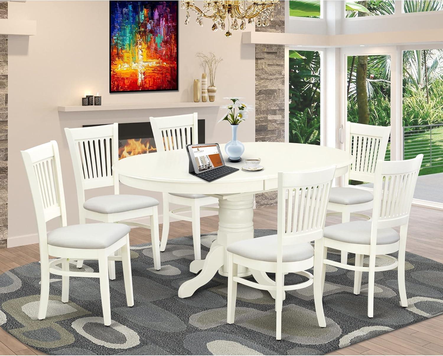 HomeStock 7Piece Dining Table Set 6 Dining Chairs With Linen Fabric Seat And Slatted Chair Back Renaissance Refinement Leaf Modern Oval Dining Table Linen White Finish