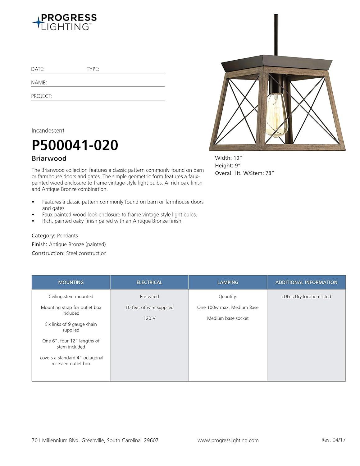 Progress Lighting Briarwood 1-Light Mini-Pendant, Antique Bronze, Steel, Faux-Painted Wood Enclosure