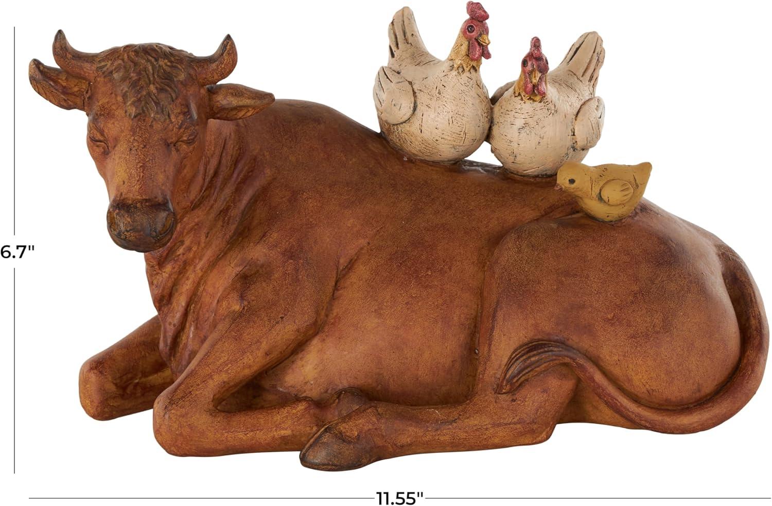 Deco 79 Polystone Cow Sculpture with Sitting Roosters and Chicks, 12" x 6" x 7", Copper