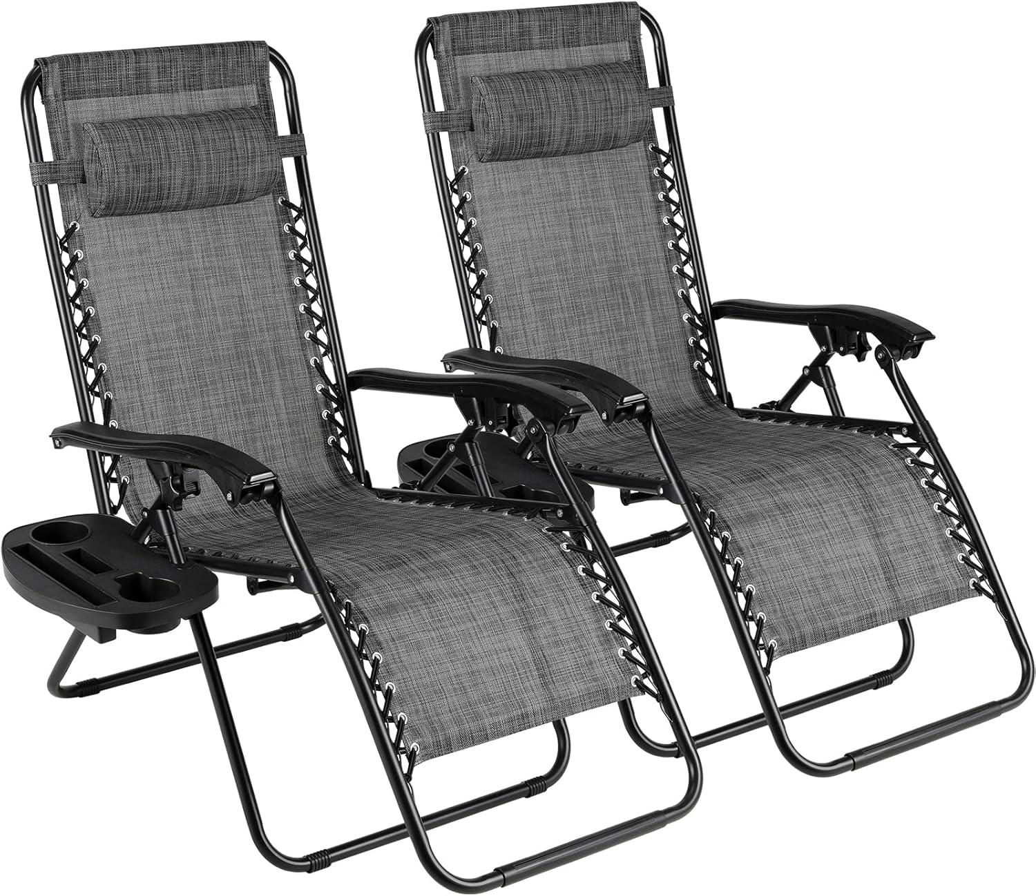 Arlmont & Co. Zero Gravity Chair Set of 2, Outdoor Folding Lounge W/Detachable Headrest & Holder Tray, Adjustable Textilene Lawn Reclining, No Assembly Required, for Patio, Backyard, Garden, Poolside,