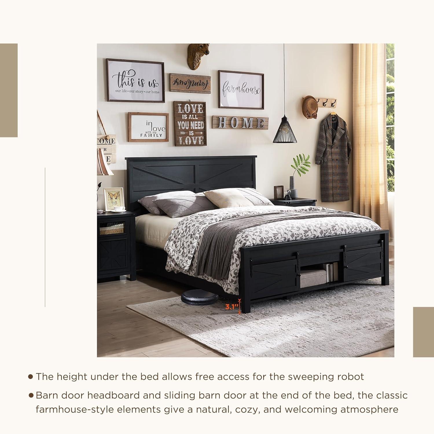 Argana Farmhouse Wood Bed Frame with Headboard and Sliding Barn Door Storage Cabinets