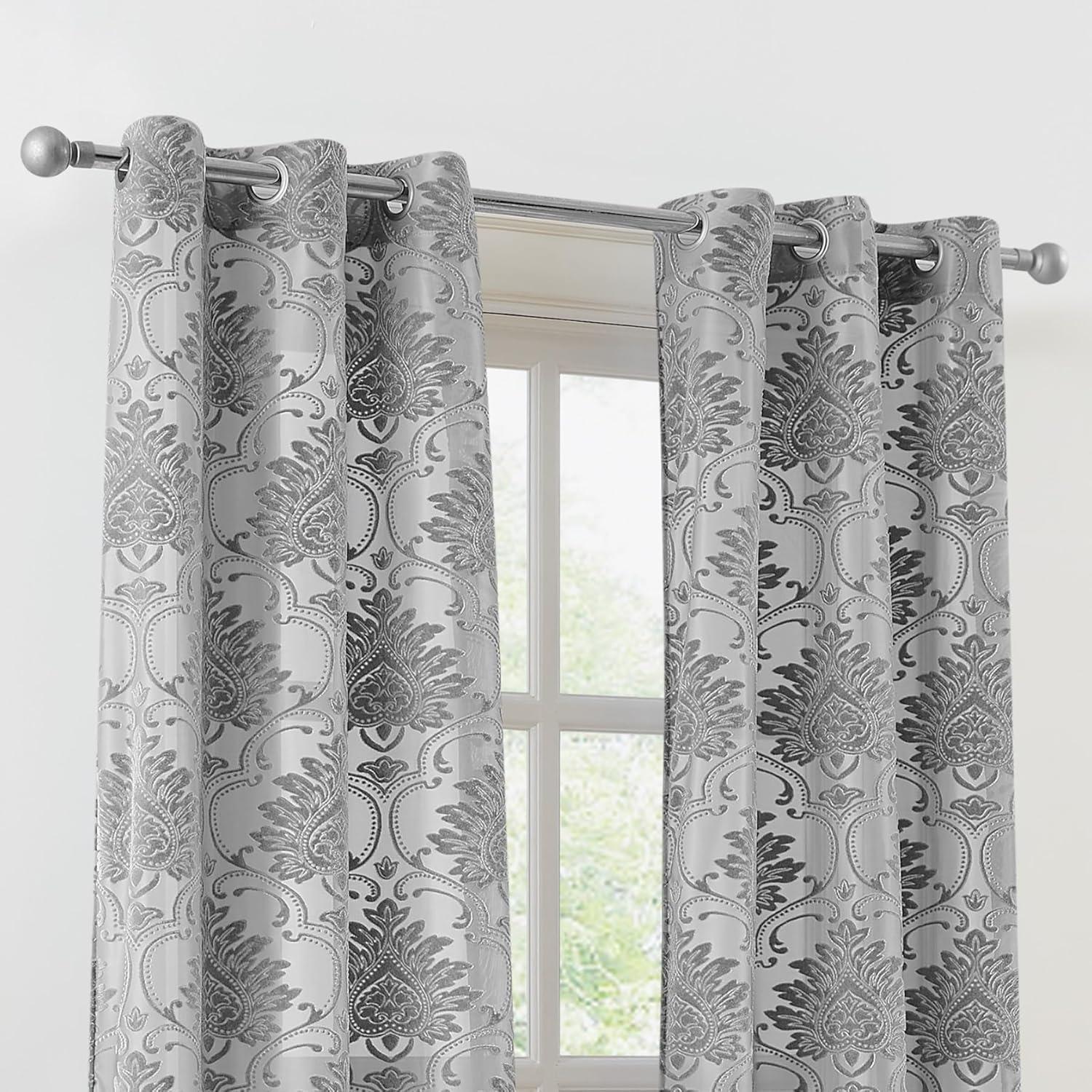 Silver Sheer Velvet Floral Grommet Window Panels