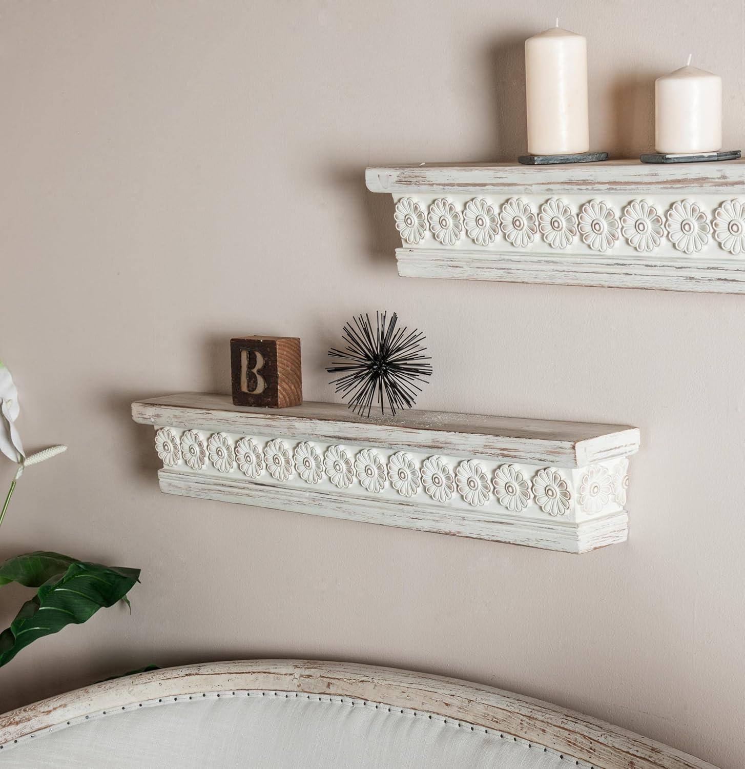 DecMode 36" x 5" Intricate Carved 1-Tier White Floral Wall Shelf