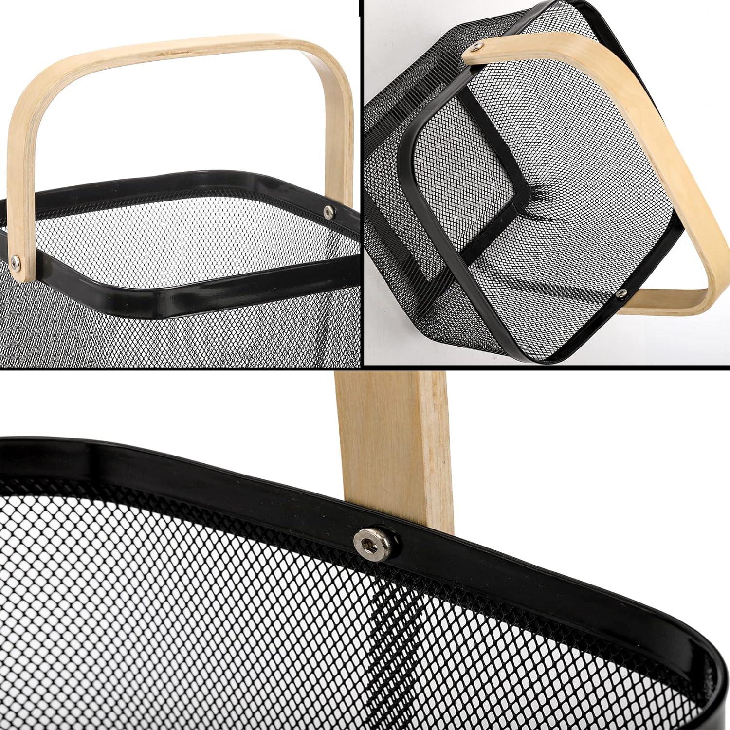 Black Metal Mesh Basket with Wooden Handle for Storage