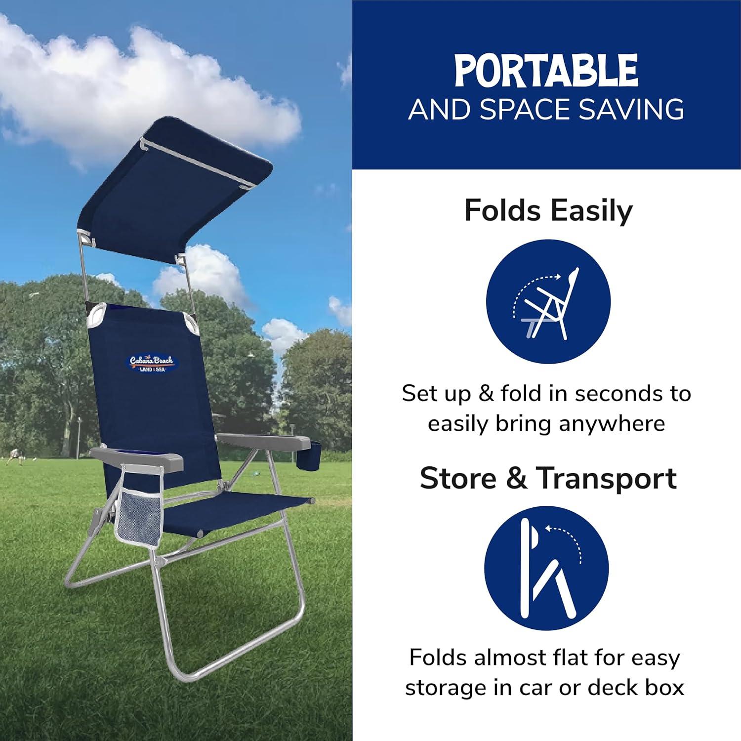 Cabana Beach High Back Beach Chair with Canopy, 225lb Capacity, Navy