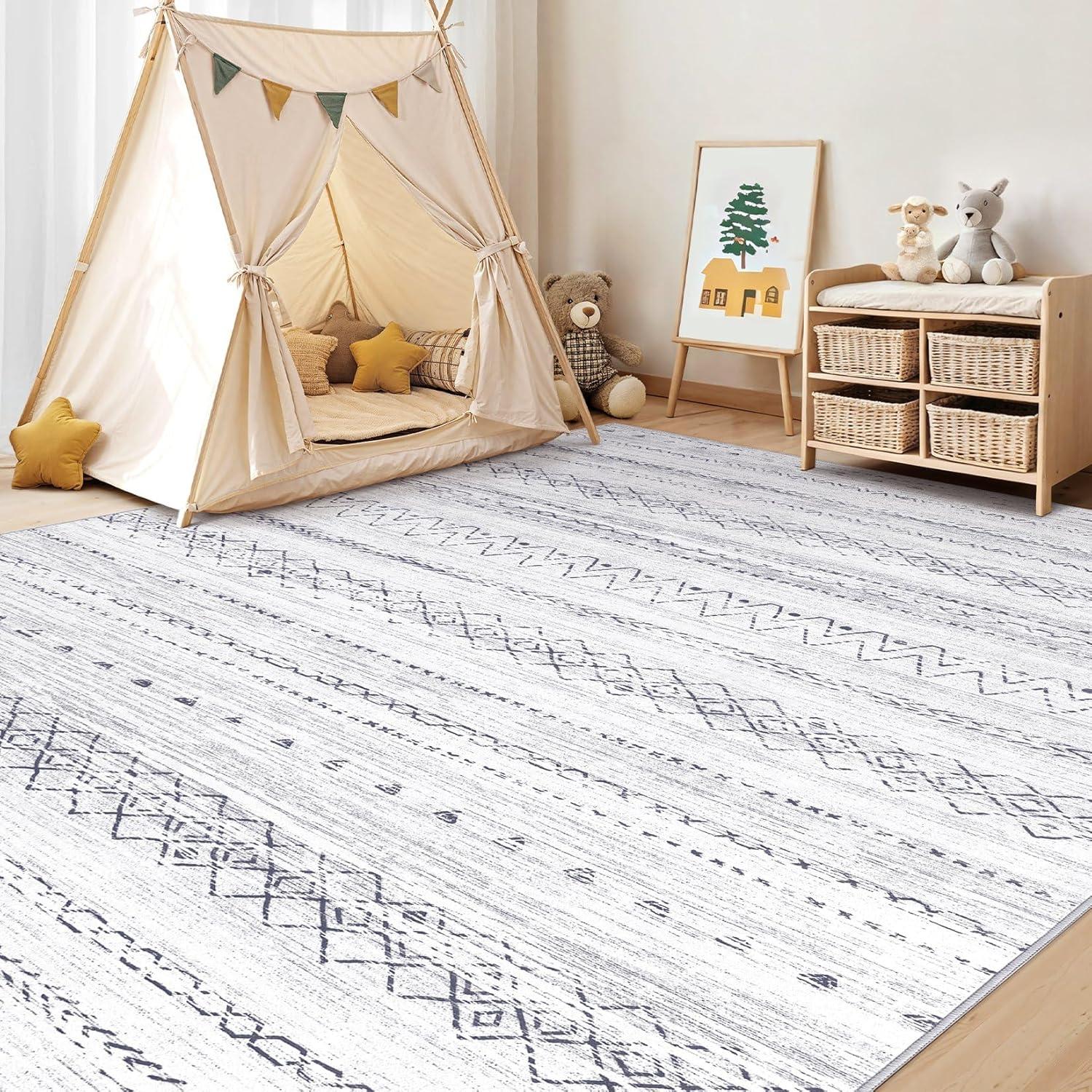 Large Living Room Area Rug 9x12: Soft Machine Washable Boho Moroccan Farmhouse Rugs for Bedroom Under Dining Table - Non-Slip Neutral Morden Indoor Floor Rug Carpet for Home Office Decor - Grey