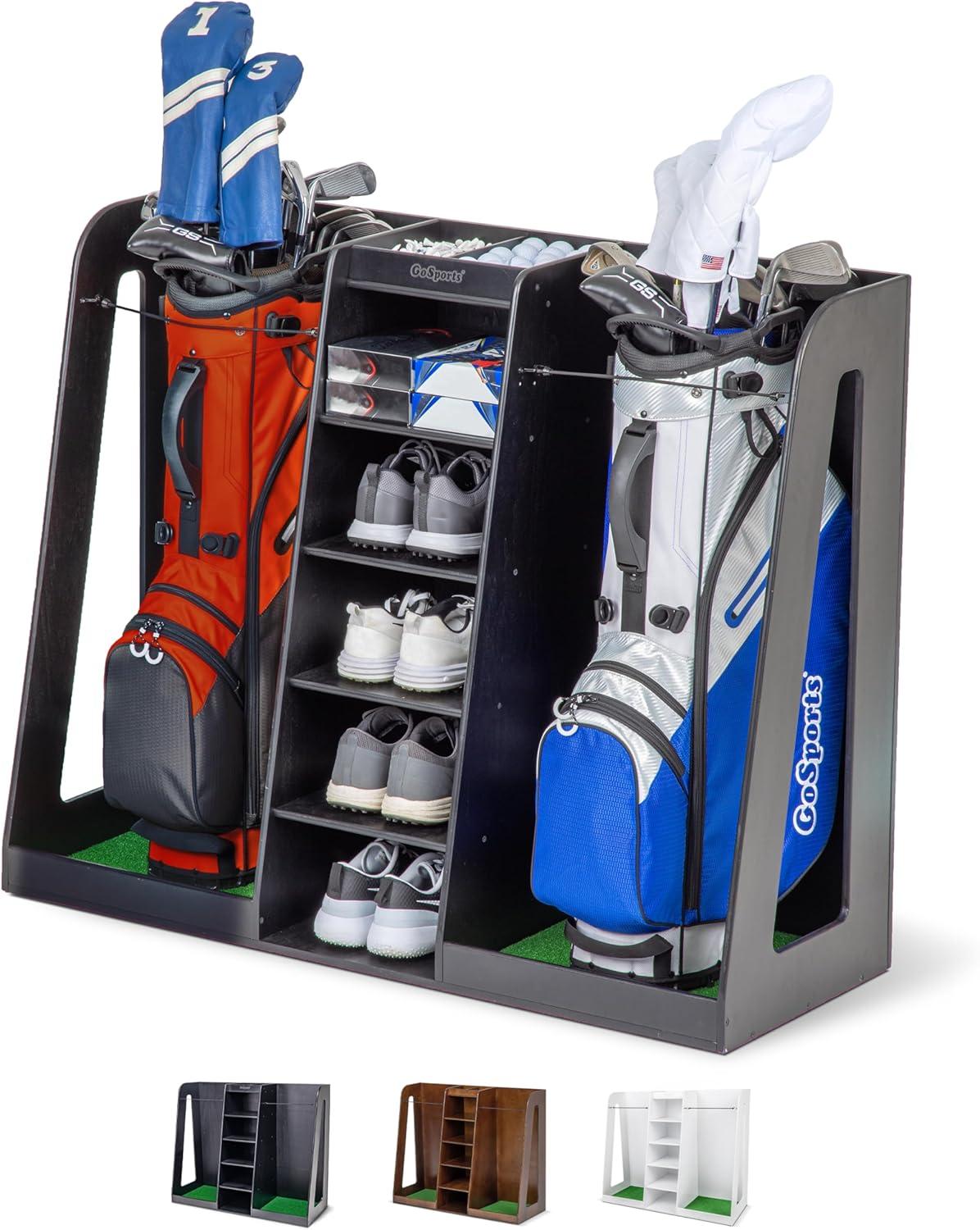 GoSports Premium Wooden Freestanding Golf Bag Organizer and Storage Rack