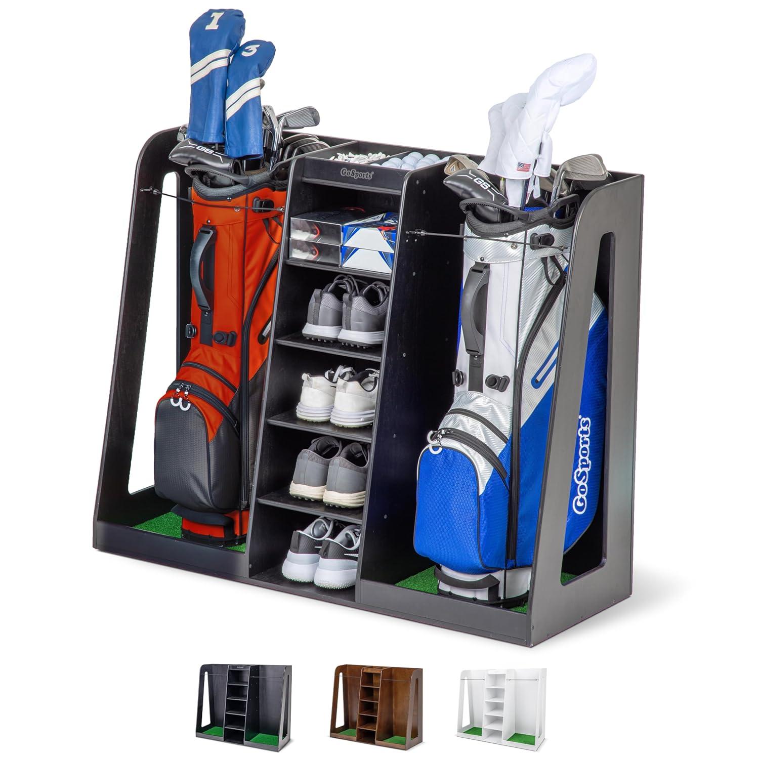 GoSports Premium Wooden Freestanding Golf Bag Organizer and Storage Rack