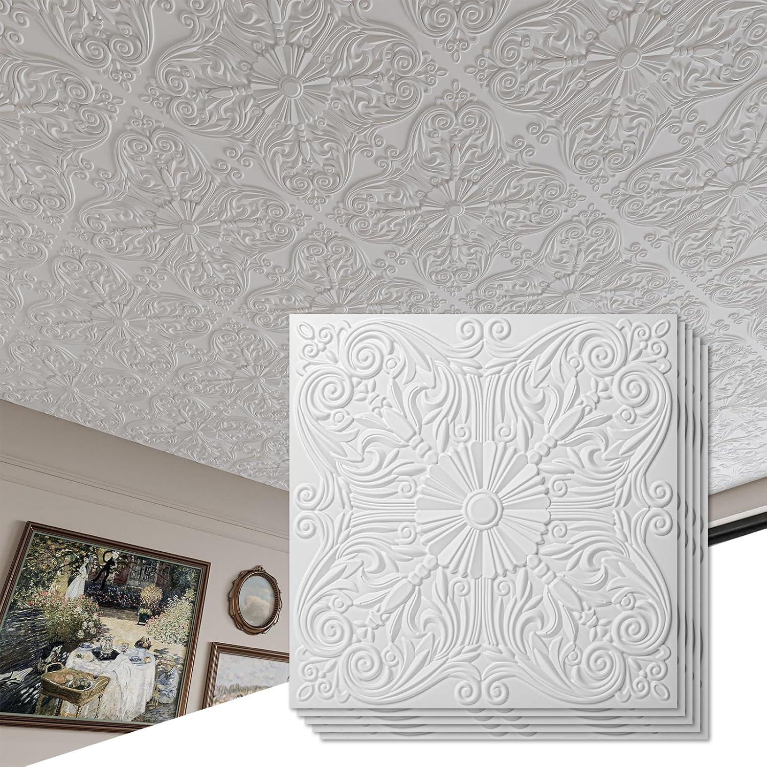 Art3d Art3d Decorative Ceiling Tile 2x2 Glue up, Lay in Ceiling Tile 24x24 Pack of 12pcs Spanish Floral in Matt White