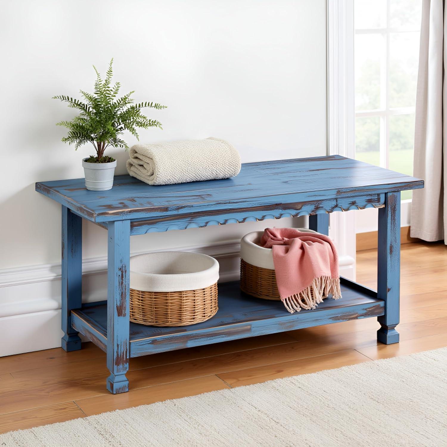36" Bench Hardwood Blue - Alaterre Furniture: Cottage Style, Square Legs, No Back