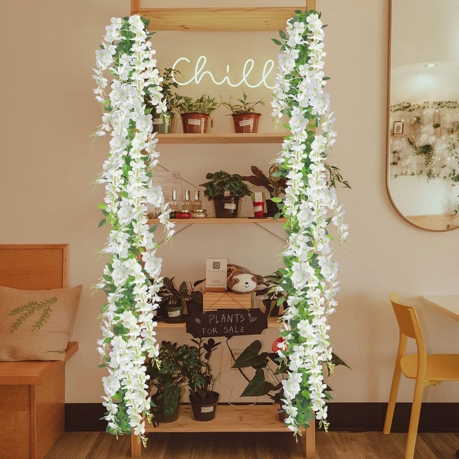 Sinhoon Wisteria Artificial Flowers Garland, 4 Pcs Total 28.8ft Artificial Wisteria Vine Silk Hanging Flower for Home Garden Outdoor Ceremony Wedding Arch Floral Decor (Light Purple)