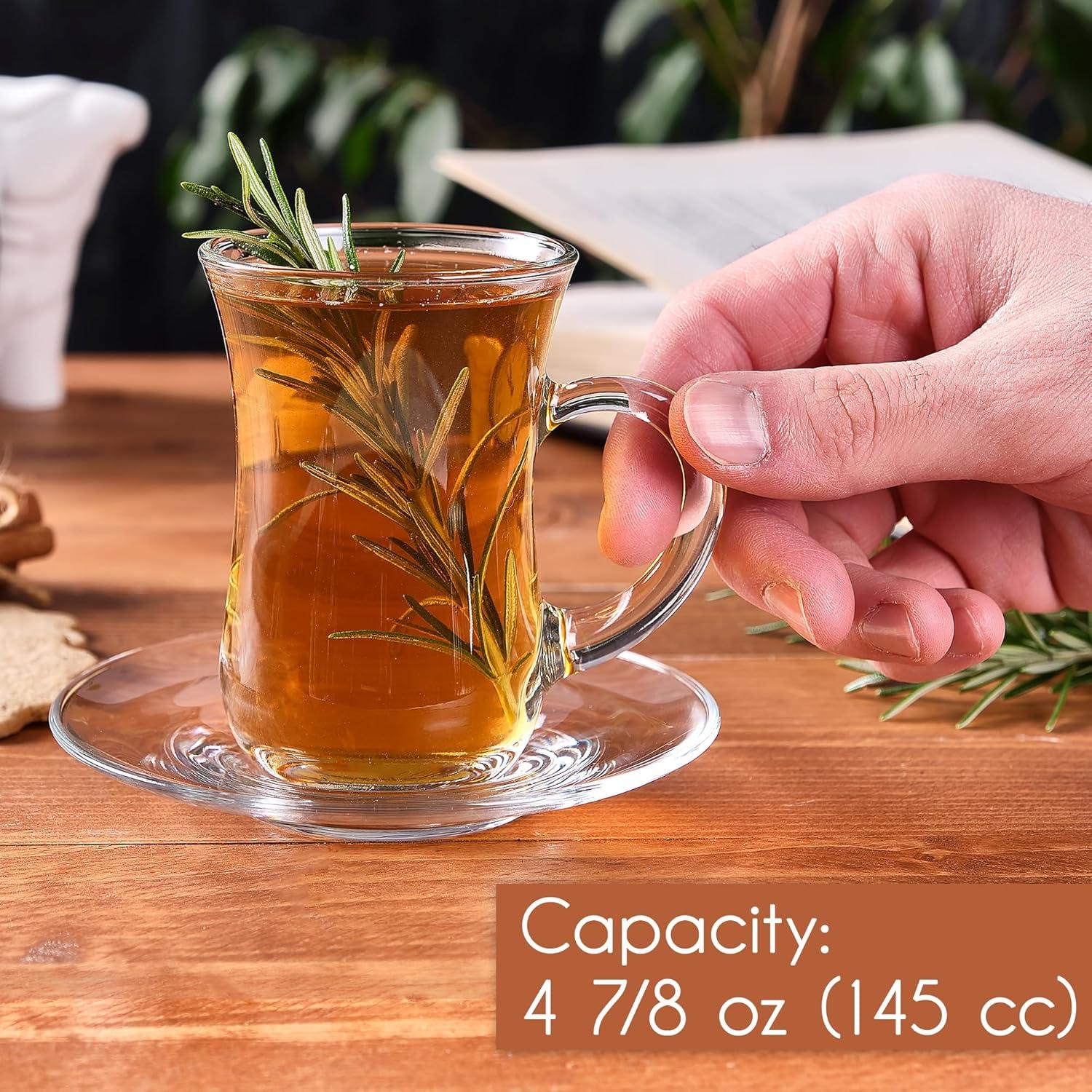 Crystalia Small Turkish Tea Set, Clear Glass Cups with Handle, 6 Cups&6 Saucers, 3.2 oz