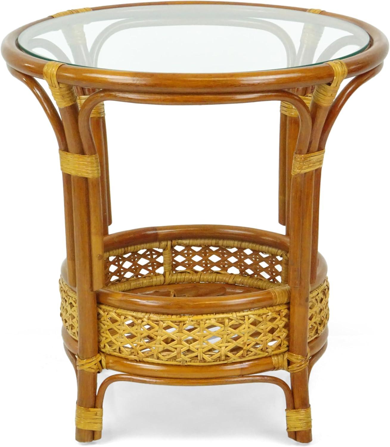 SK New Interiors Pelangi Coffee Round Table Natural Rattan Wicker with Glass Top Handmade, Colonial