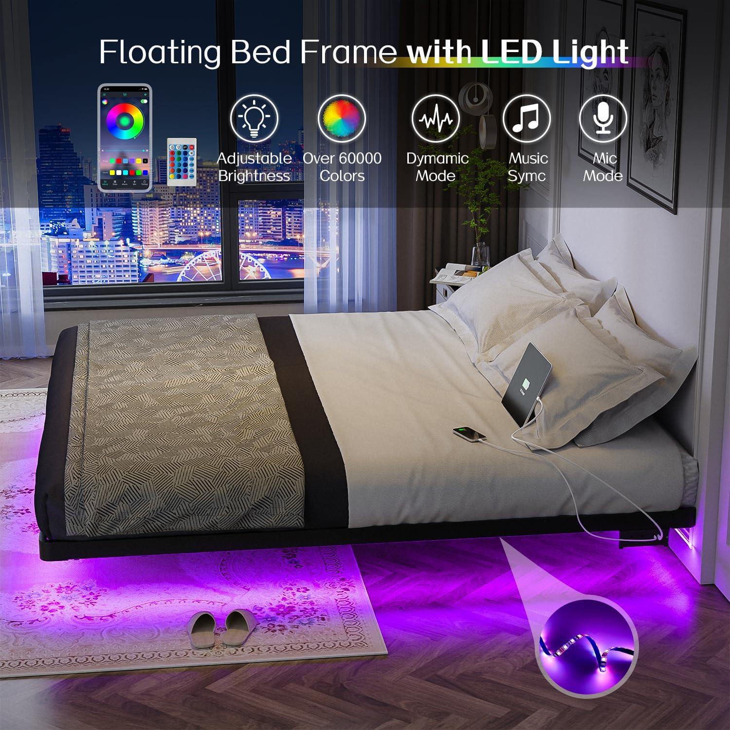 Floating Bed Frame With Led Lights Metal Platform Bed, No Squeak