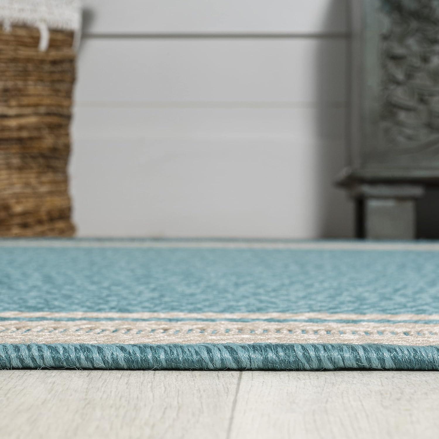 5' x 8' James Modern Border Stripe Indoor/Outdoor Area Rug, Aqua/Beige - JONATHAN Y