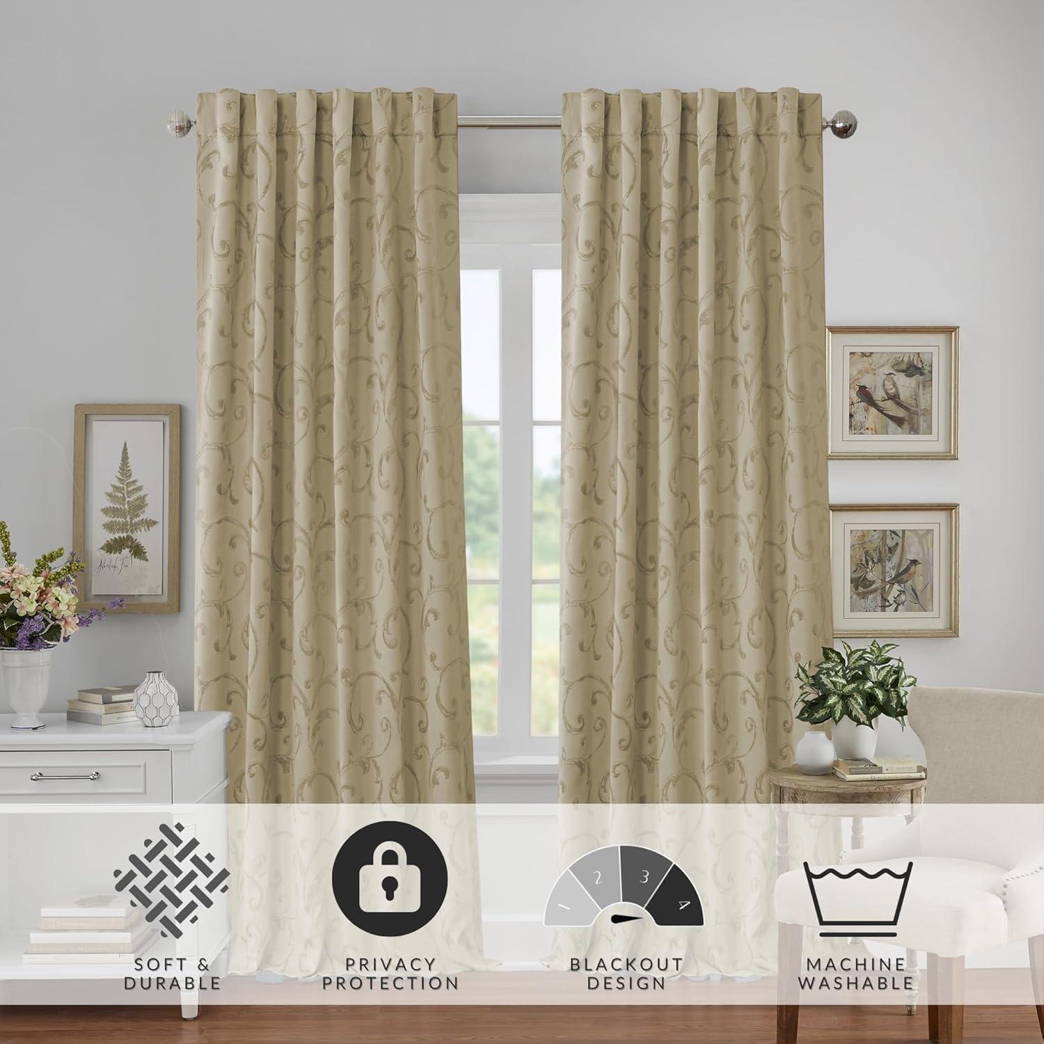 Mia Jacquard Scroll Blackout Window Curtain Panel - 52" x 95" - Natural - Elrene Home Fashions