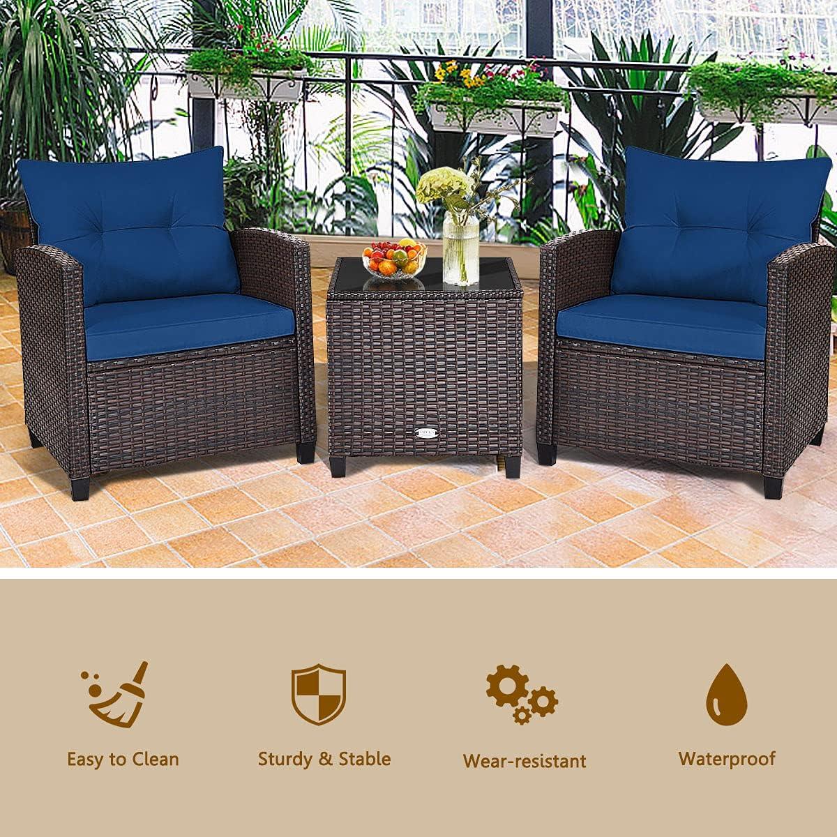 Outdoor 3-piece Cushioned Rattan Patio Furniture Conversation Set Navy