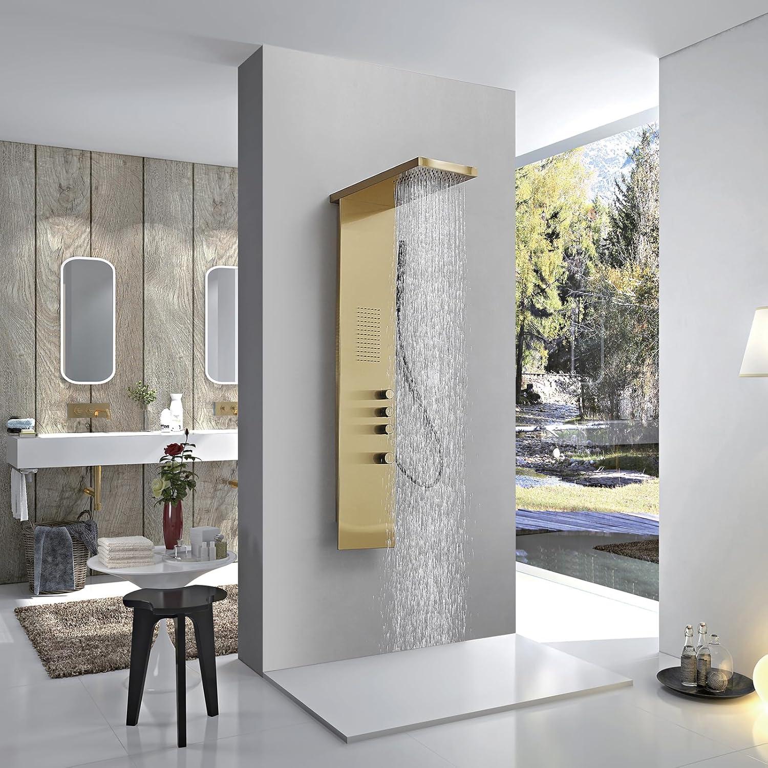 Brushed Gold Stainless Steel Rainfall Shower Panel System