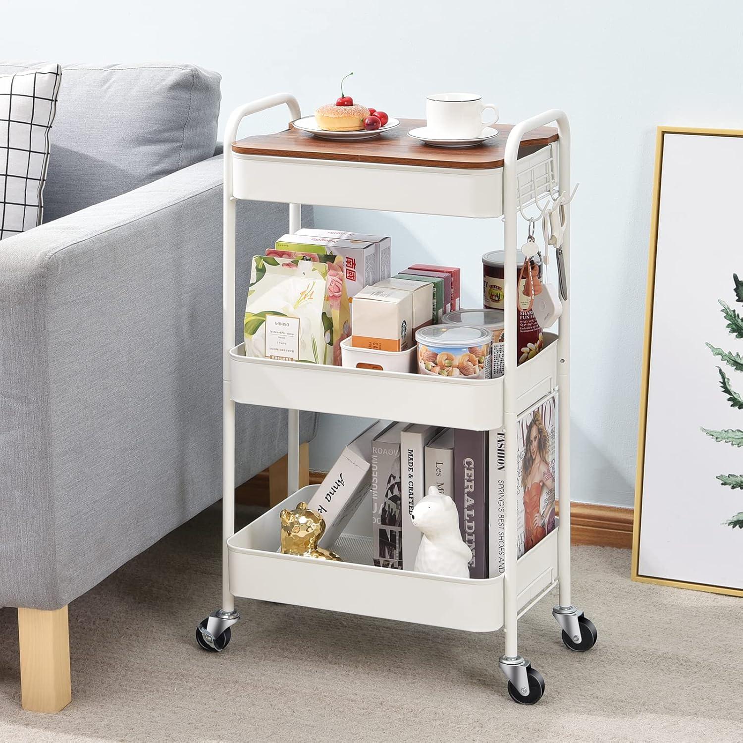 White 3-Tier Carbon Steel Rolling Utility Cart with Locking Wheels