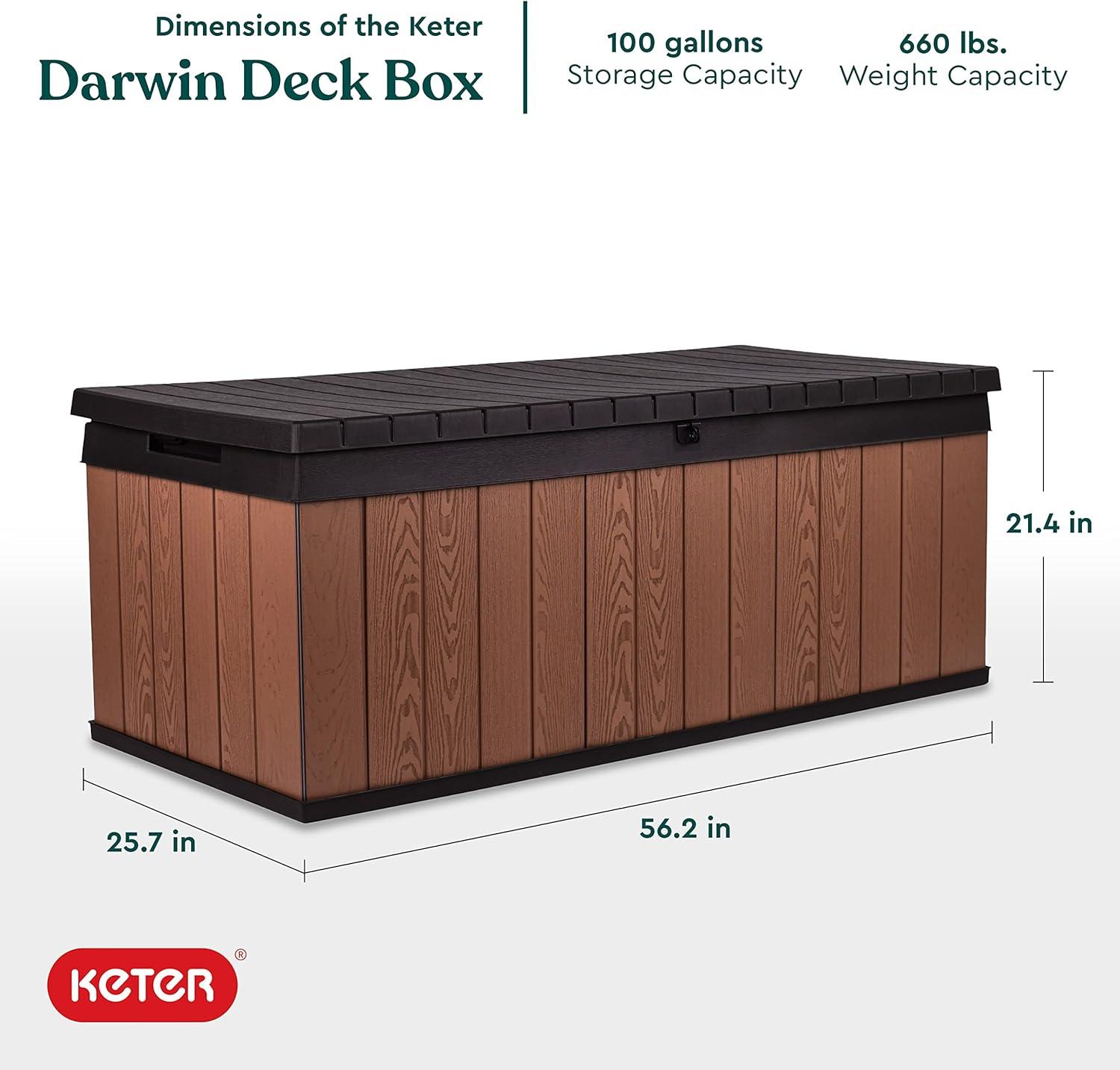 Keter Darwin 100 Gallon Durable Resin Outdoor Storage and Organization Deck Box Ideal For Garden Patio Furniture and Supplies, Brown