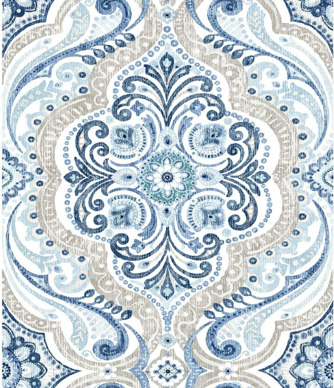 Blue and Tan Bohemian Damask Peel and Stick Wallpaper