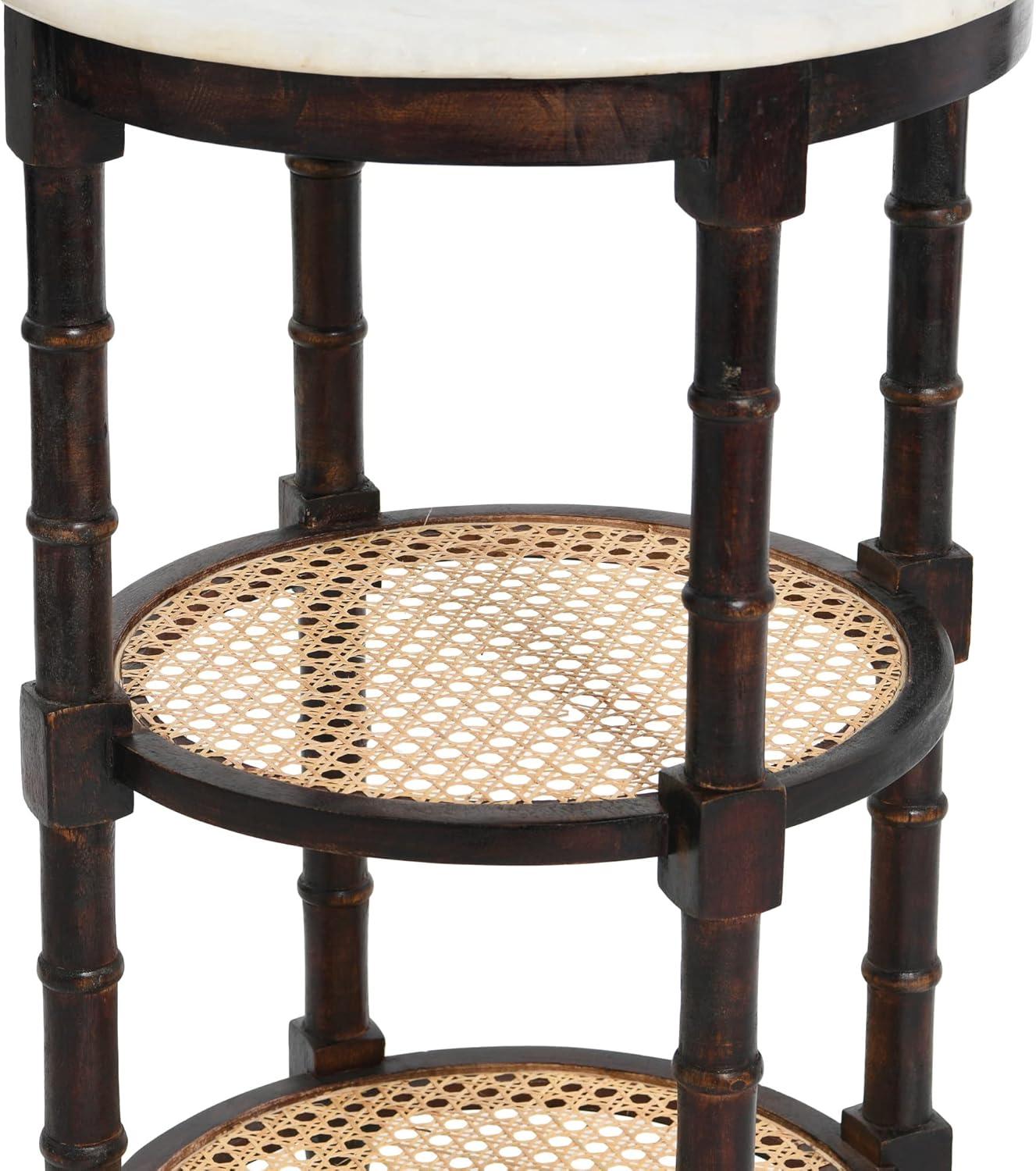 Boho Chic Round Wood & Marble End Table with Woven Cane Shelves