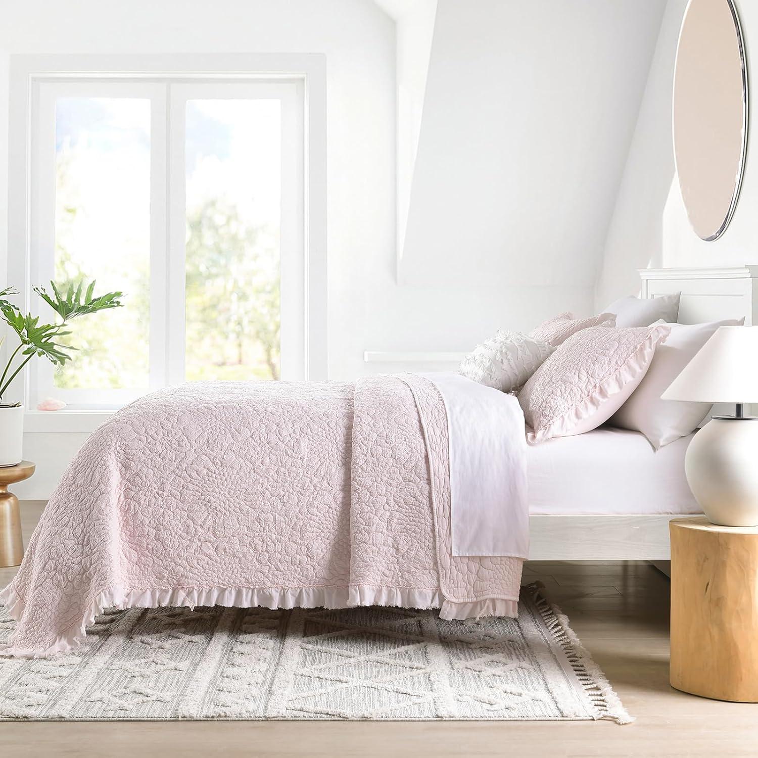 HORIMOTE HOME Pink Ruffled Quilt Twin Size, Stone-Washed Microfiber Lightweight Crinkled Farmhouse Rustic Shabby Chic Bedding Set, 2 Pieces Reversible Bedspread with Pillow Sham for All Season