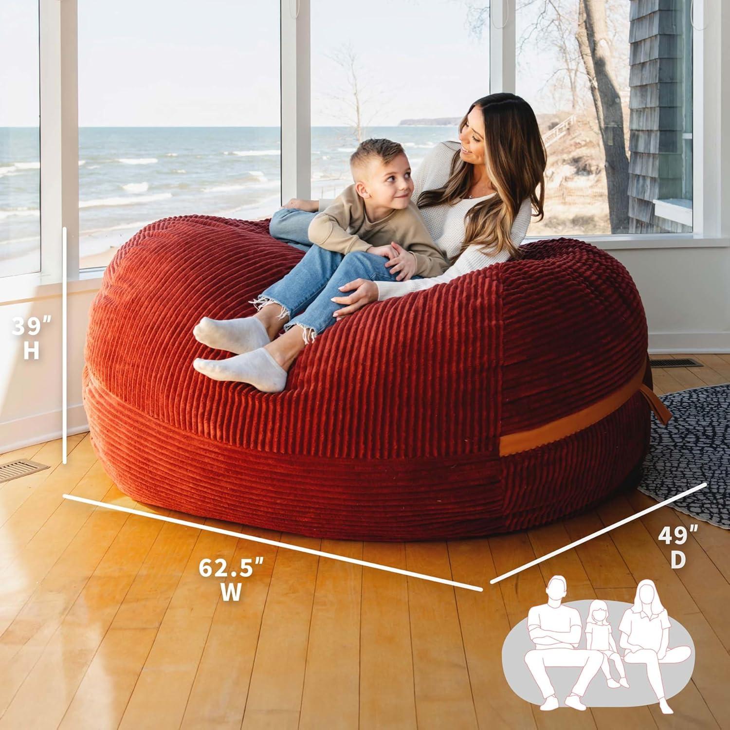 Big Joe Foam Filled Bean Bag Chair with Removable Cover, Corded Plush, Vegan Leather Accents, Medium to XXL Size