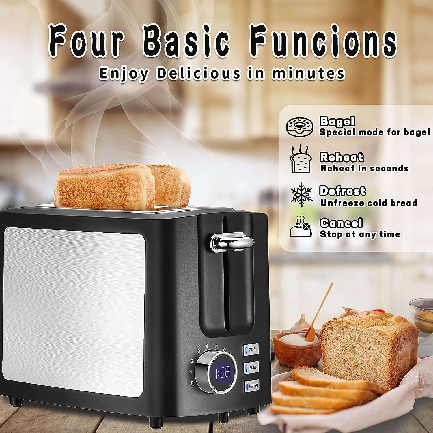 Smart Toaster 2 Slice Extra Wide Slot, Digital Countdown Timer, 9 Adjustable Browning Settings, Bagel Defrost Reheat Cancel Modes, Black LED Screen
