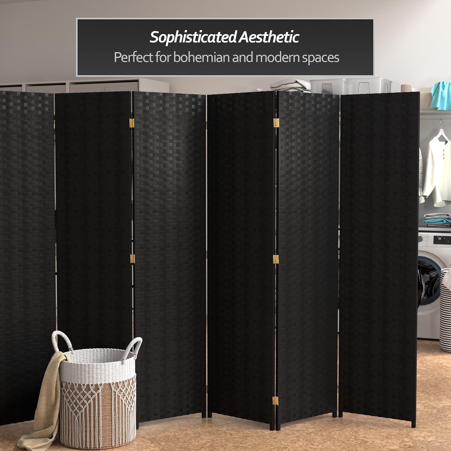 8 Panel Tall Woven Fiber Room Divider Black