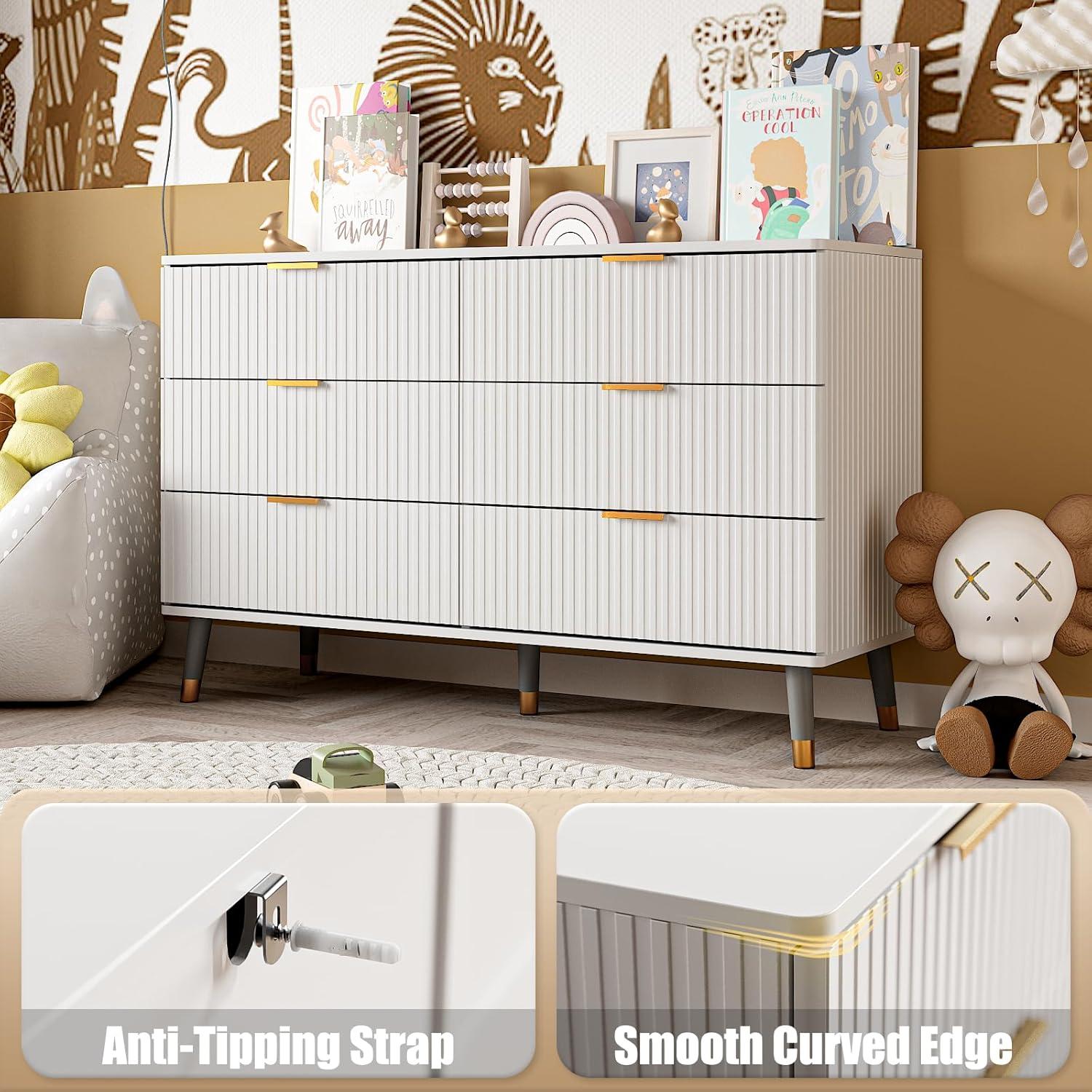 6 Drawer Dresser for Bedroom,Modern Bedroom Dresser,Fluted White and Gold Dresser with Curved Profile Design