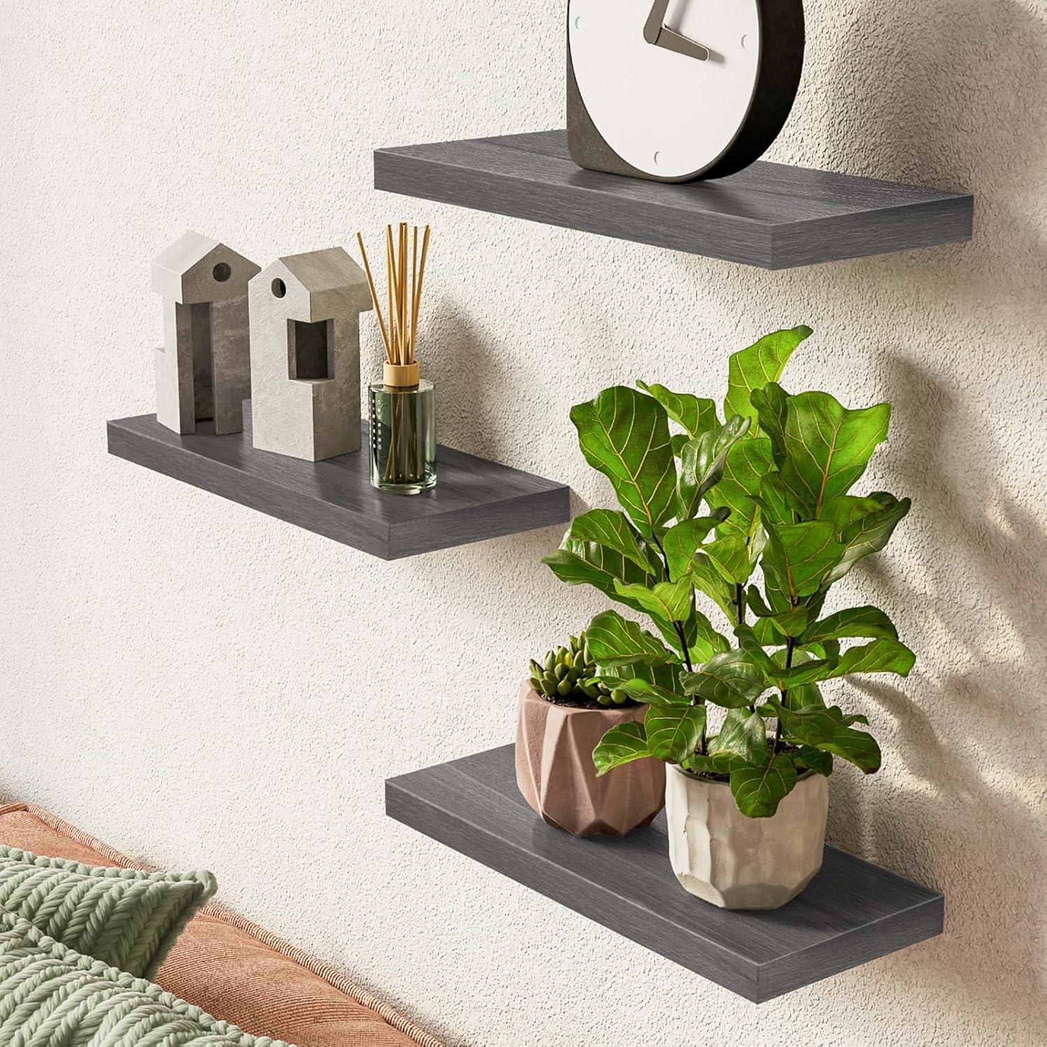 Gray Painted Wood 3-Tier Floating Wall Shelves