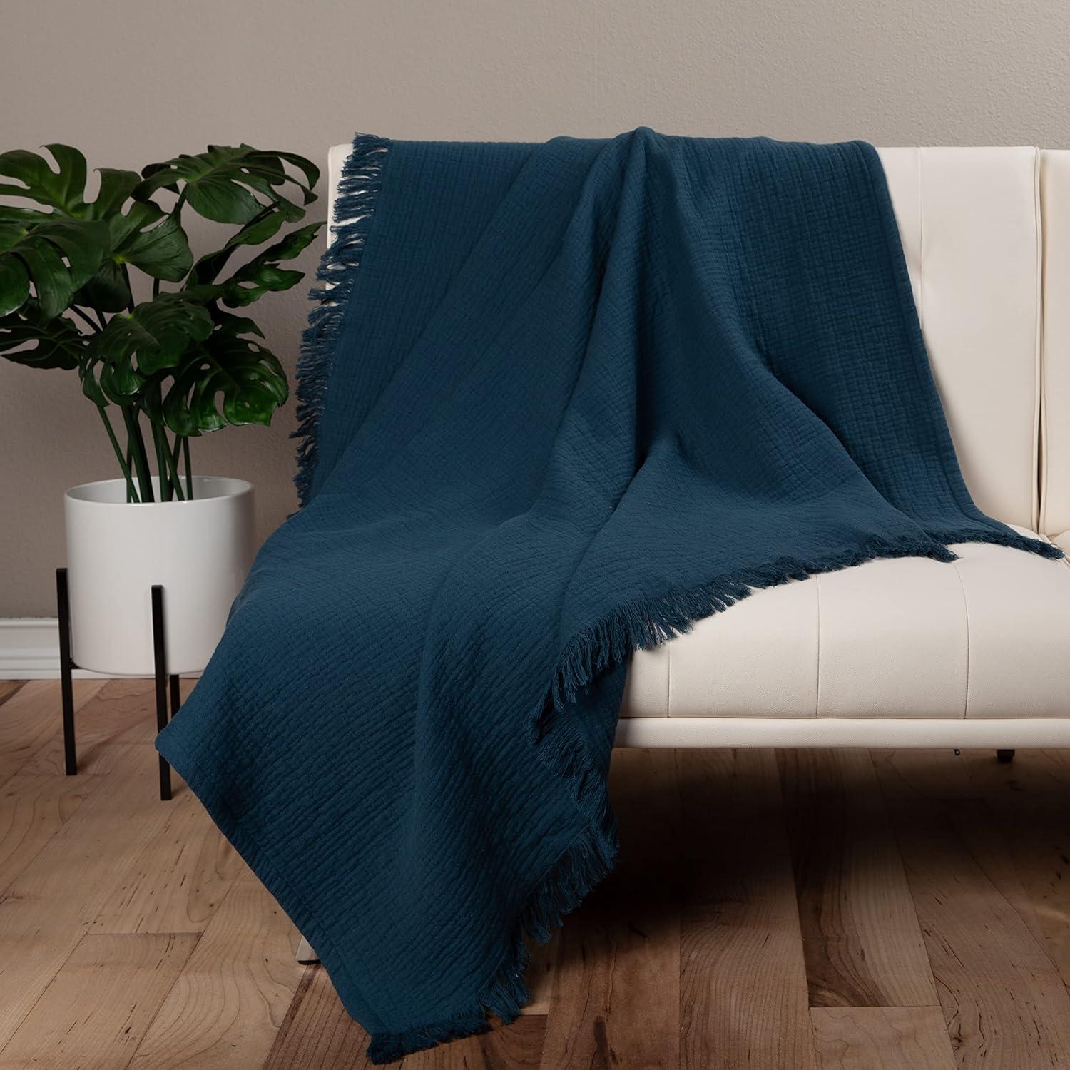 Sticky Toffee Muslin Throw Blanket for Adults, 100% Cotton, 60x50 in, Soft Lightweight and Breathable Throw for Couch, Blue