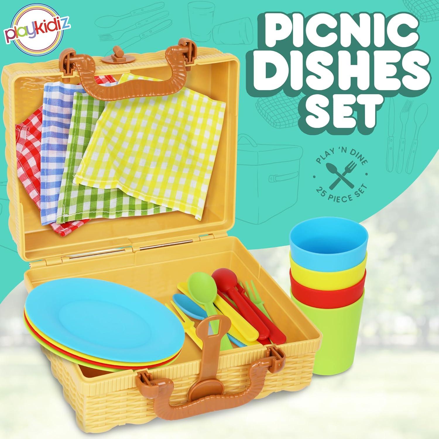 Playkidiz 25 Piece Kids Picnic Basket Toy Dishes