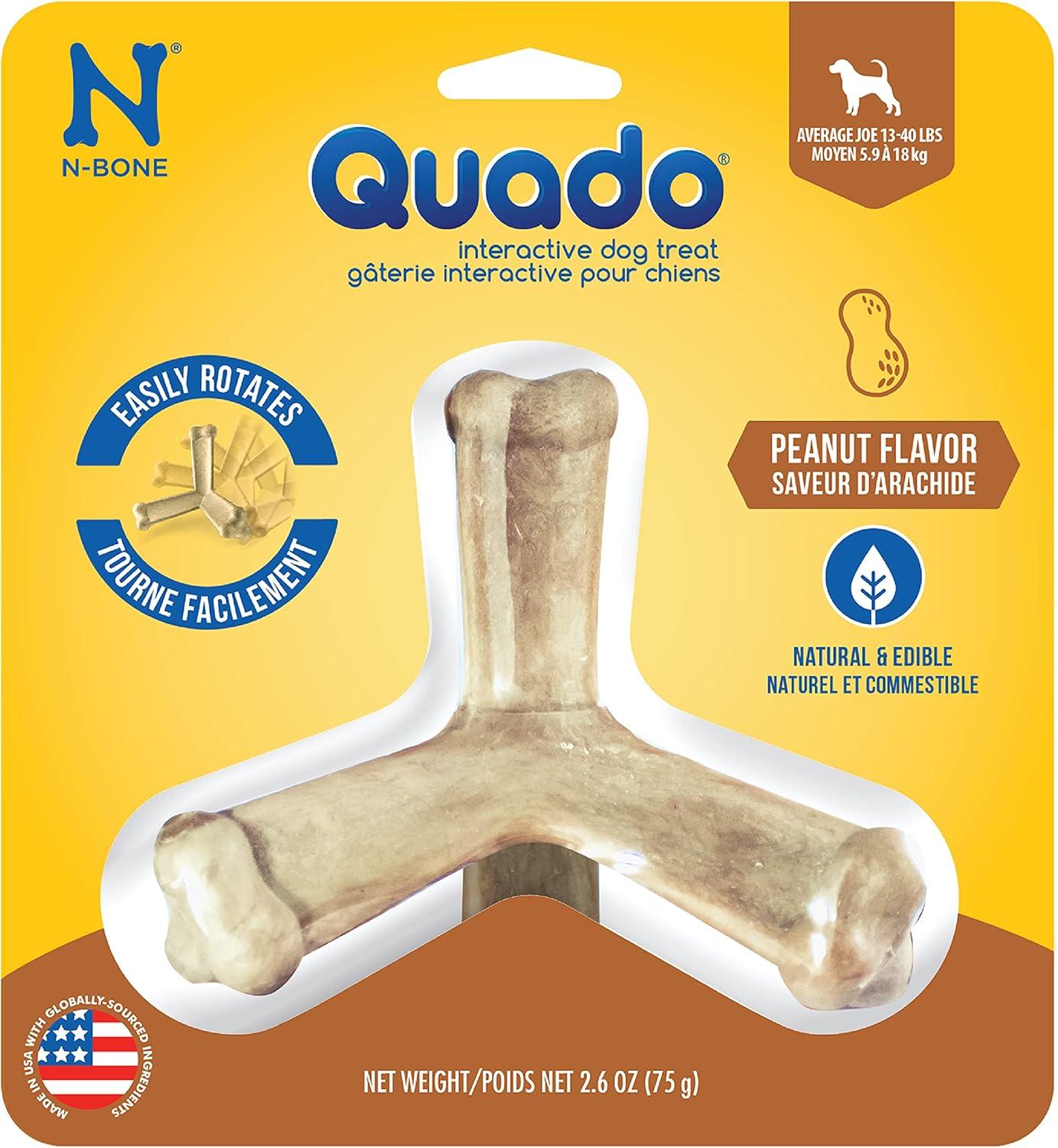 N-Bone® Quado® Dried Interactive Dog Chews, Peanut Flavor, Average Joe, Medium, 1ct, 2.6oz - Natural, Edible, 100% Digestible Dog Chews Alternative to Plastic Toys - for Small & Medium Dogs