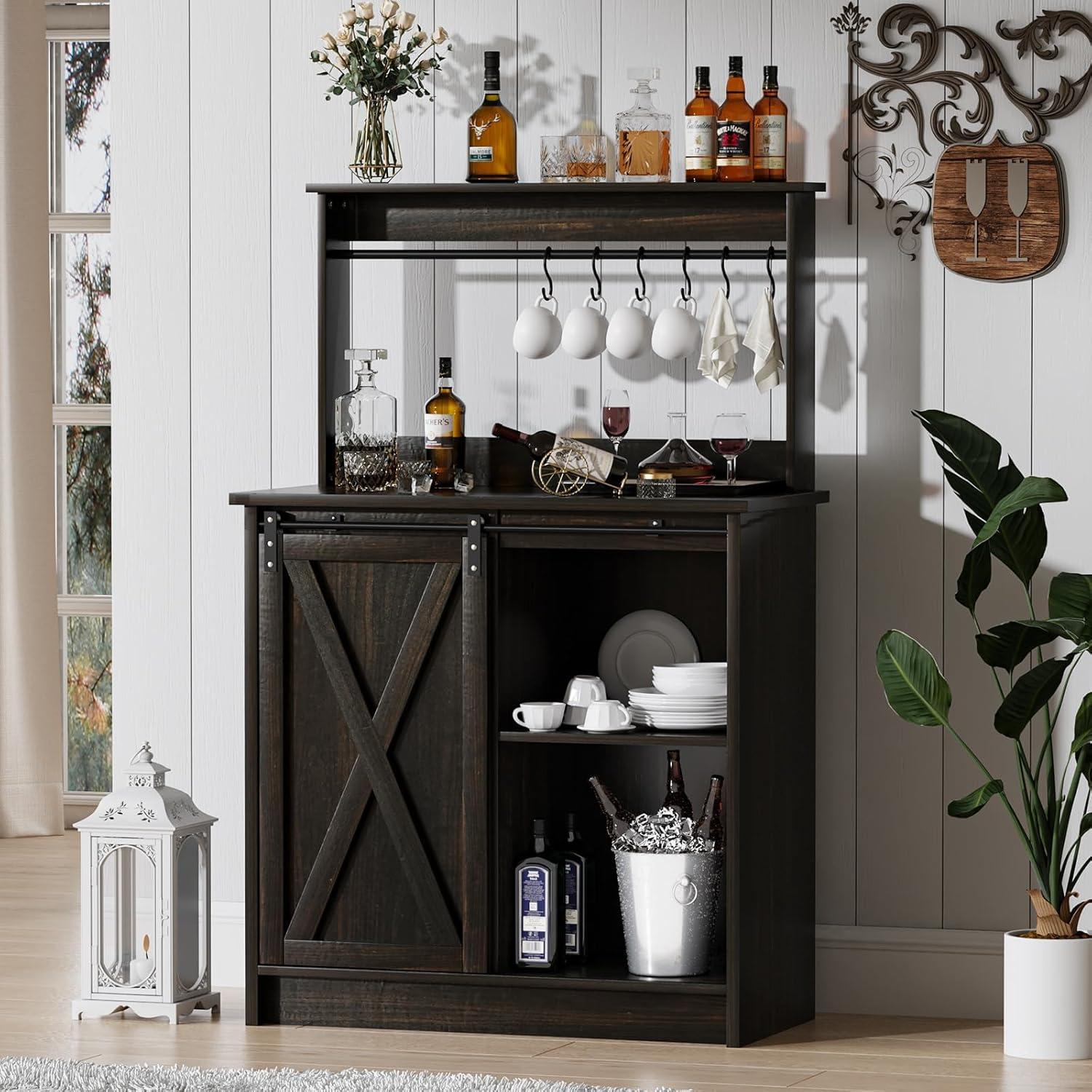 Dark Oak Farmhouse Coffee Bar Cabinet with Hutch and Sliding Barn Door