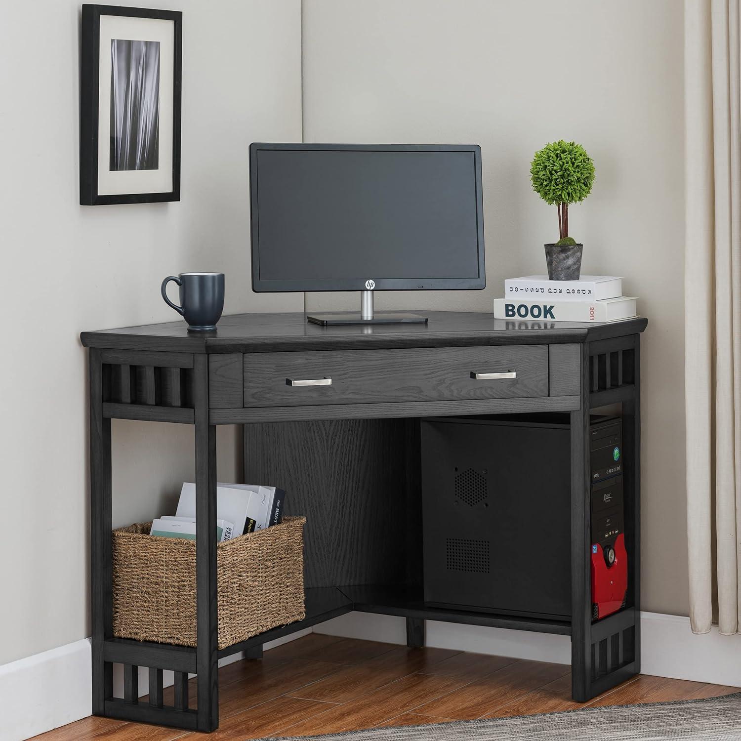 Elegant Black Oak Corner Writing Desk with Drawer and Keyboard Tray