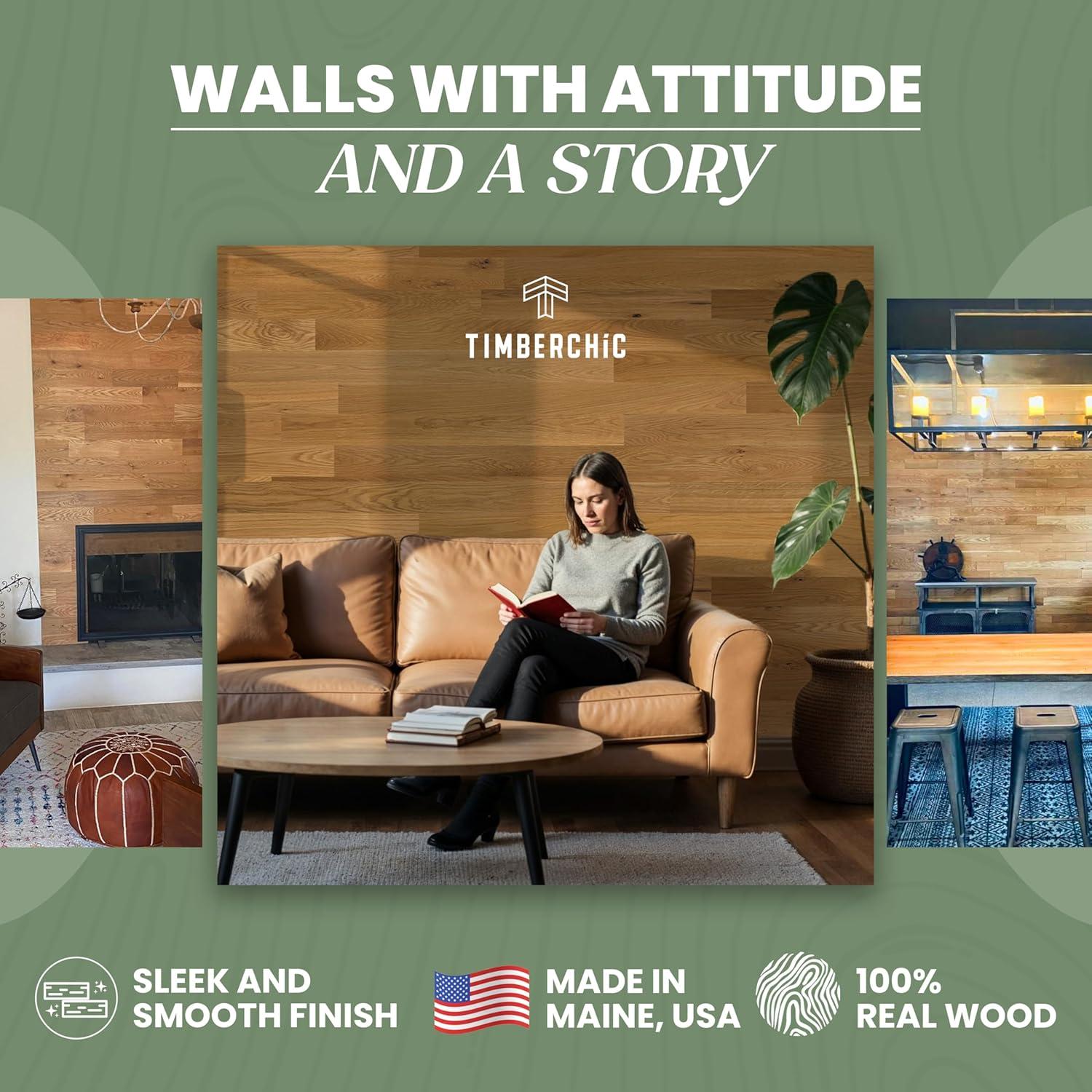 Timberchic Oak Wooden Wall planks - Simple Peel & Stick Wall Covering Application for DIY Accent Wall & Home Improvement - Premium Modern Wall Paneling - 10 sq ft