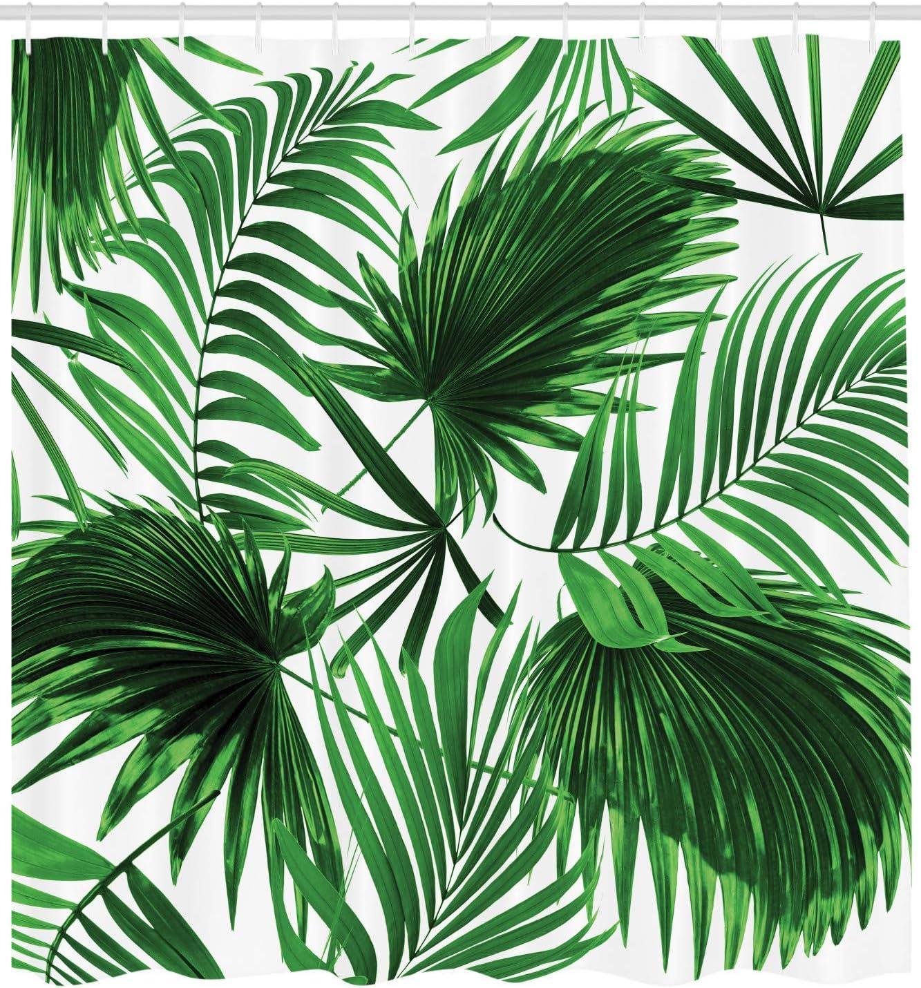 Fern Green and White Palm Leaf Fabric Shower Curtain, 69" W x 84" L