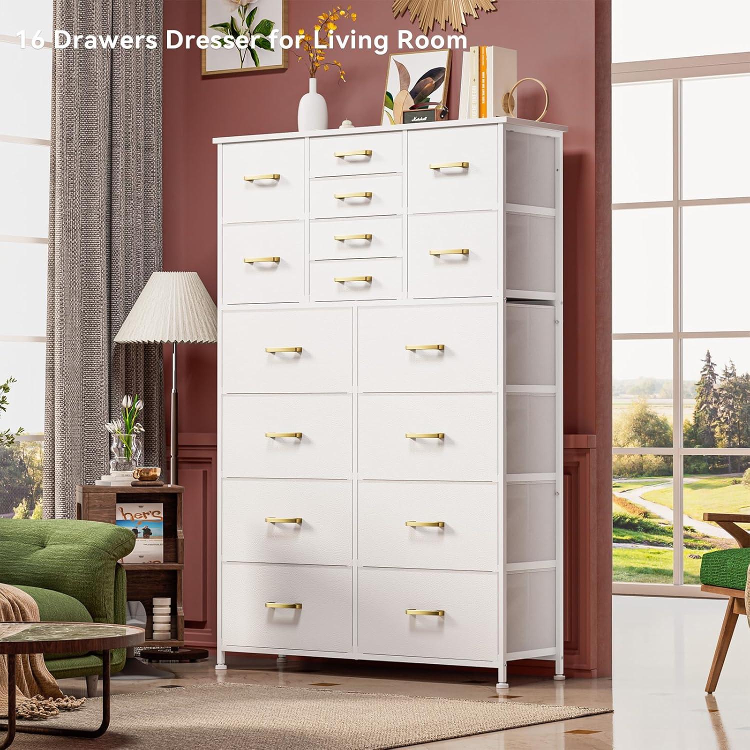 White Tall 16-Drawer Fabric Dresser with Metal Frame