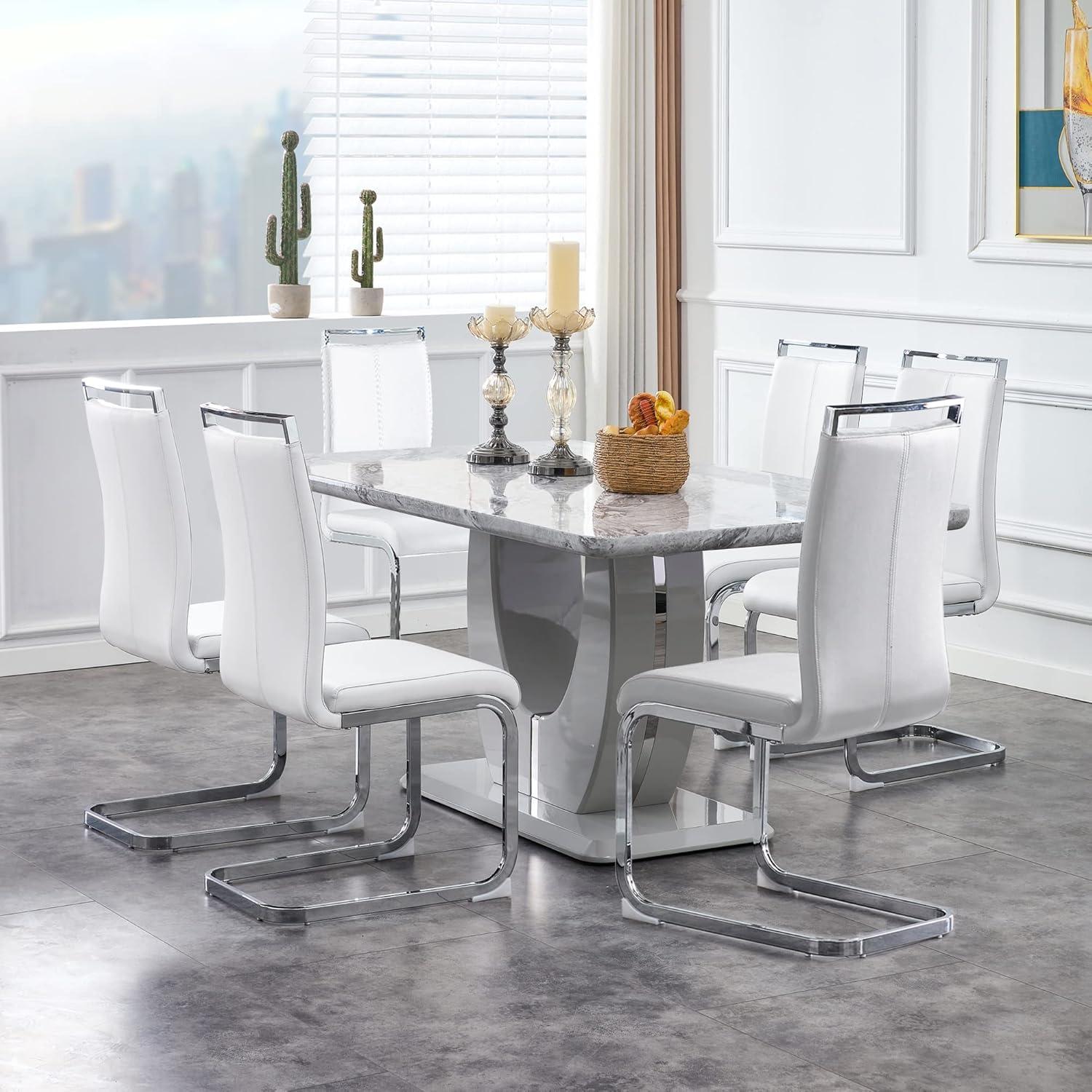 Modern White Faux Marble Dining Table Set with 6 Gray PU Leather Chairs