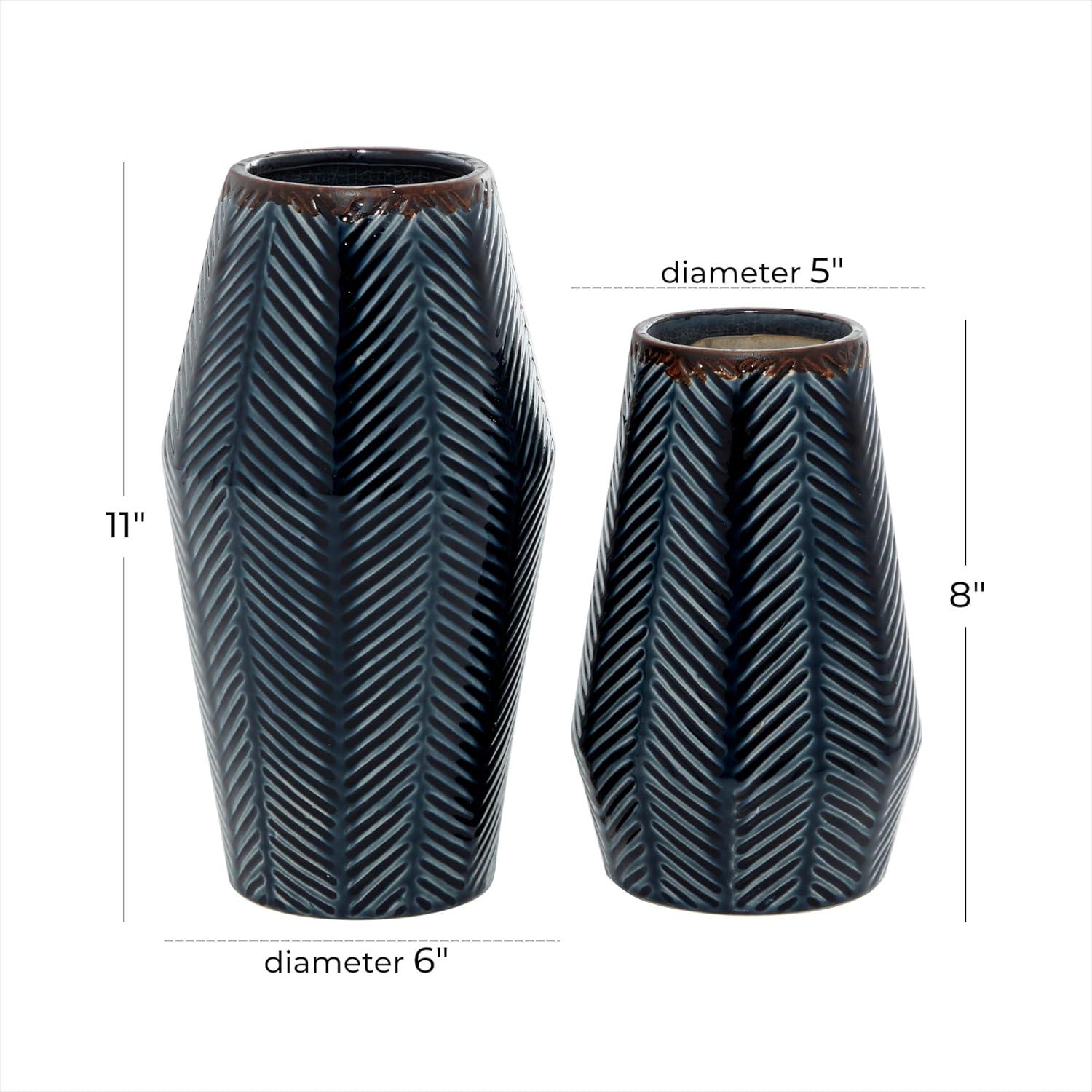 DecMode 11", 8"H Handmade Chevron Dark Blue Ceramic Vase, Set of 2