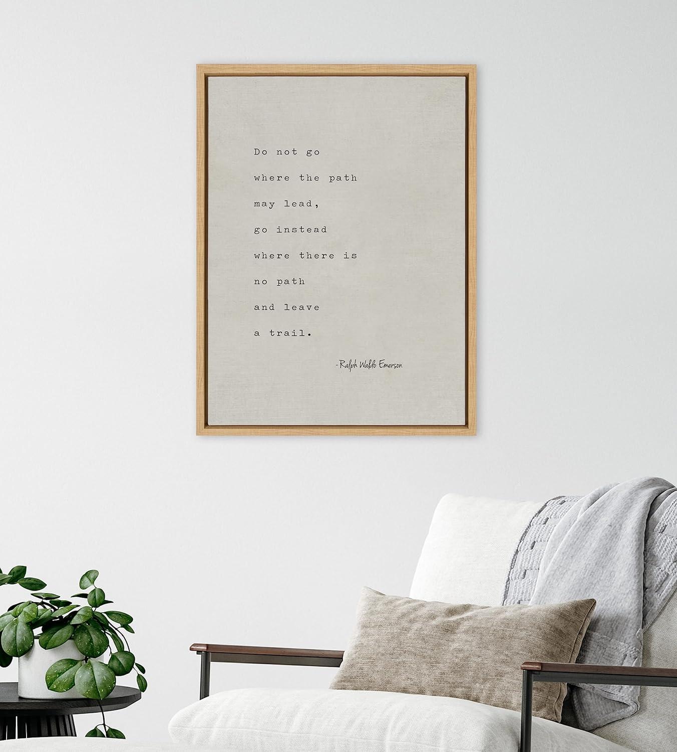 Kate and Laurel Sylvie Emerson Quote Framed Canvas Wall Art by Saint and Sailor Studios, 18x24 Natural, Neutral Tan Inspiration Quote Art for Wall