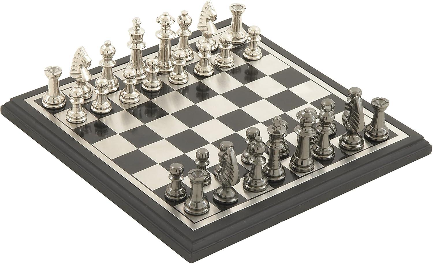 DecMode 12" x 1" Black Aluminum Metal Chess Game Set with Black and Silver Pieces, 1-Piece