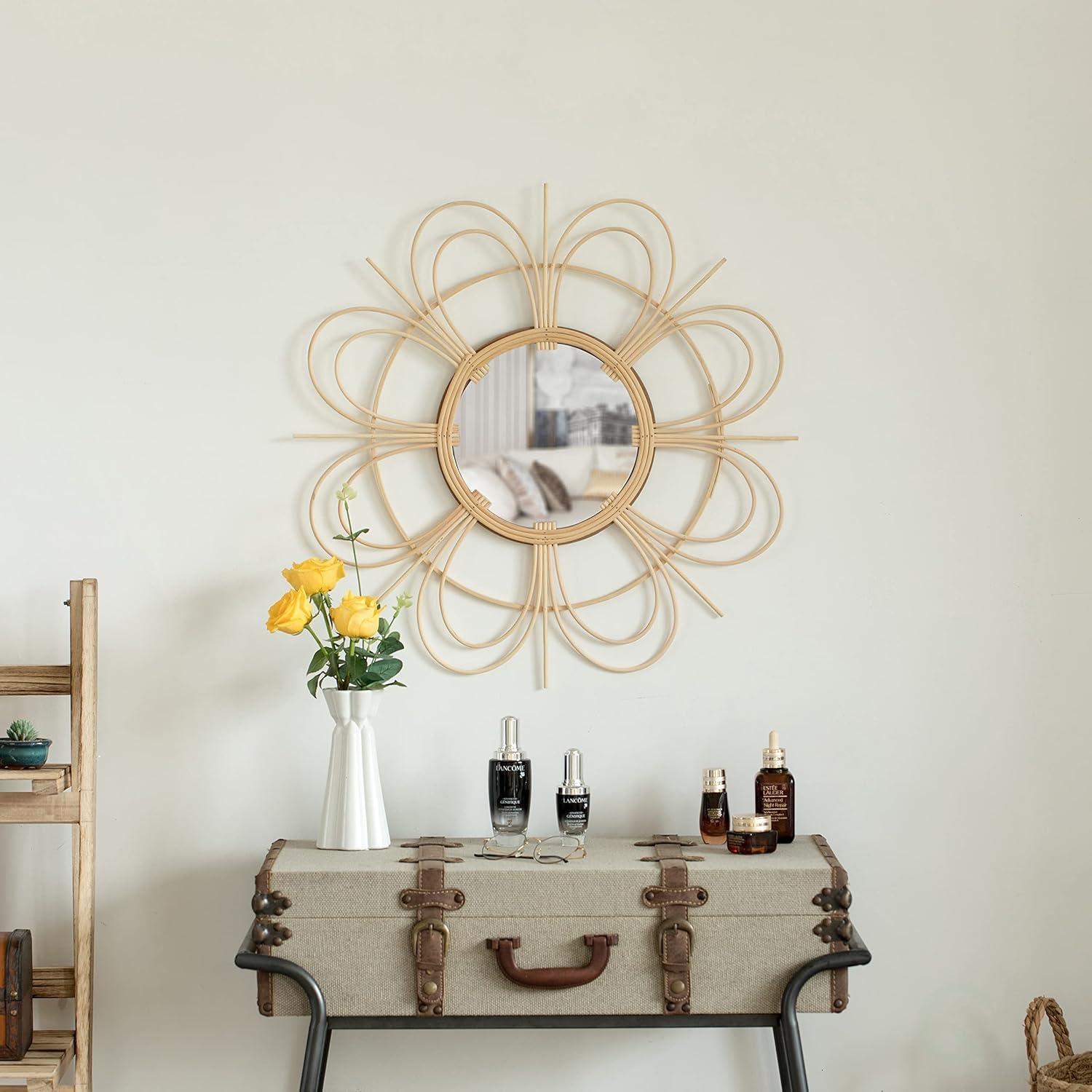 Flower Shape Woven Rattan Wood Round Sunburst Wall Mirror