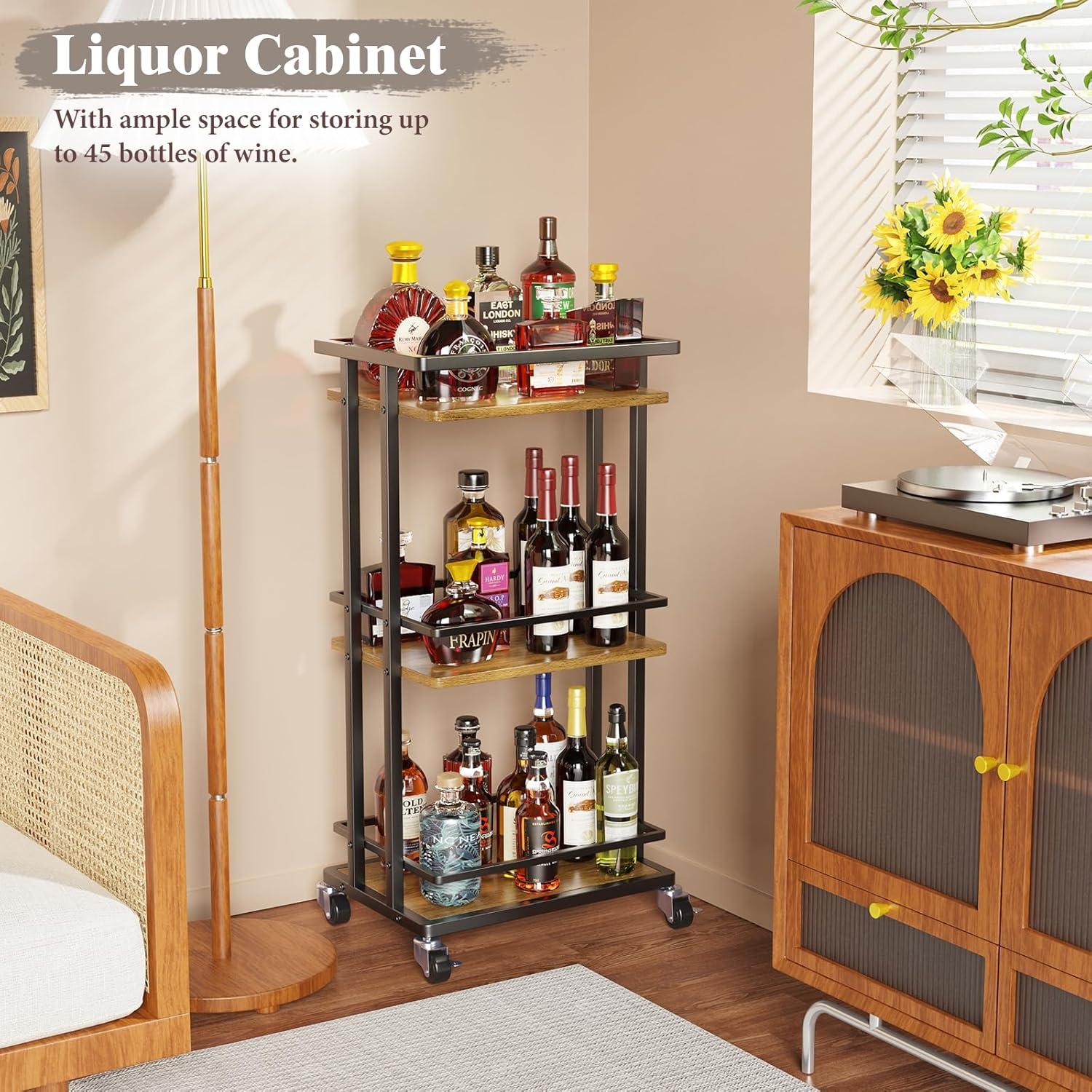 3 Tier Bar Cart for Home, Rolling Mini Liquor Bar Cabinet with Wine Rack and Glass Holder, Home Bar Serving Cart on Wheels for Dinner Party Wine Alcohol Drink, Bar Stand for Living Room Kitchen