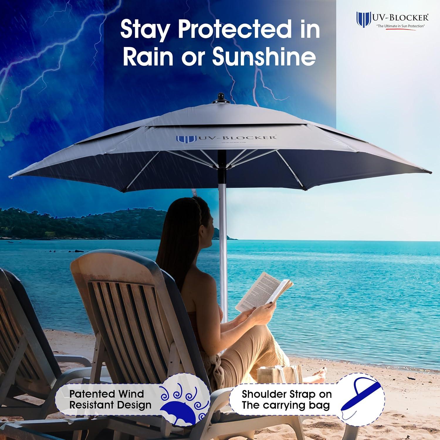 UV Blocker Beach Umbrella Sun Protection UPF 55+ Heavy Duty Large Beach Umbrellas for Sand 7.5 Foot