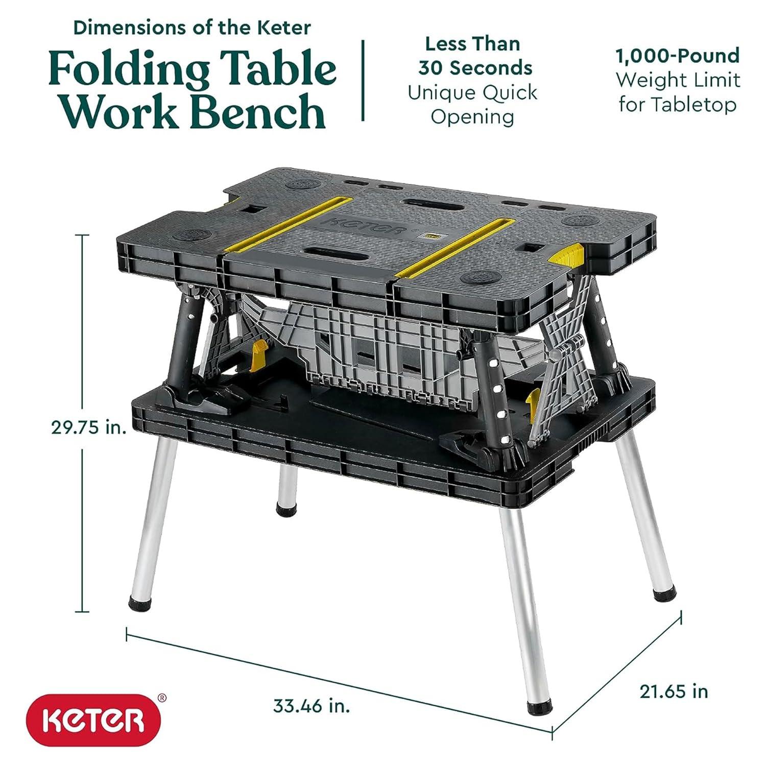 Keter Folding Portable Workbench Sawhorse with (2) 12" Clamps, Black and Yellow